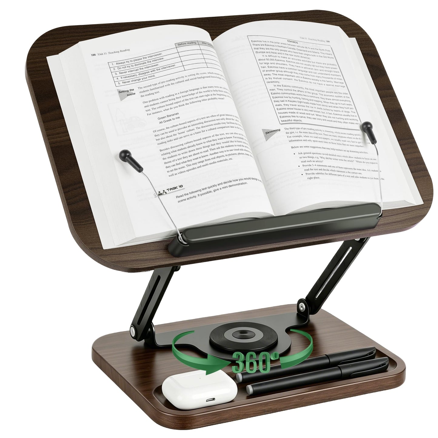 Siyoriot Book Stand for Reading, 360° Rotating Book Holder for Desk, Heavy Duty Bible Stand with Page Clips, Adjustable Height for Thick Textbooks, Cookbooks, Music Book