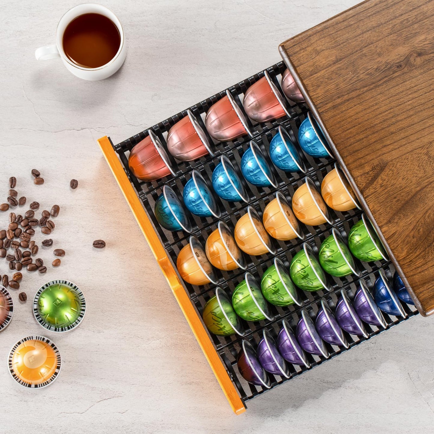 Vertuo Capsule Holder Drawer for Nespresso With Elegant Wood Top (50 Pods)