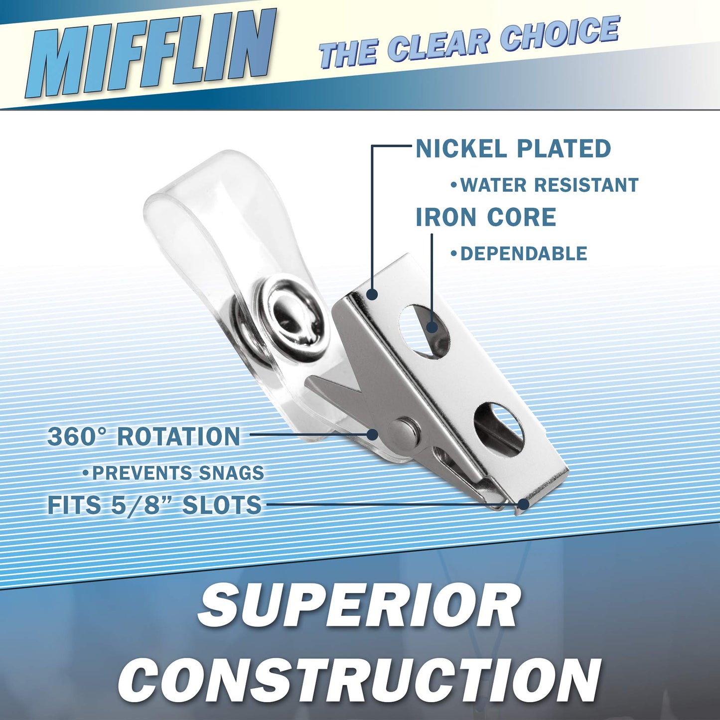 Mifflin-USA Horizontal Plastic Card Holder with Metal Clip and Vinyl Straps (Clear, 3.5x2.25 Inch, 250 Pack), Waterproof PVC ID Name Badge Holder with Clip