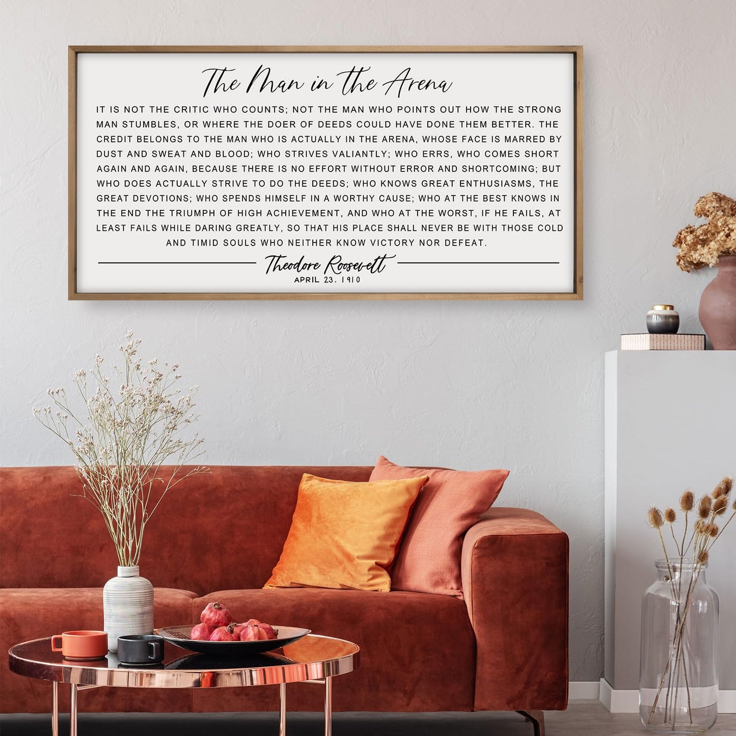 flangairy The Man In The Arena Wall Art Framed 32.3x16.5inch, Wood Motivational Wall Art for Men, Inspirational Office Decor