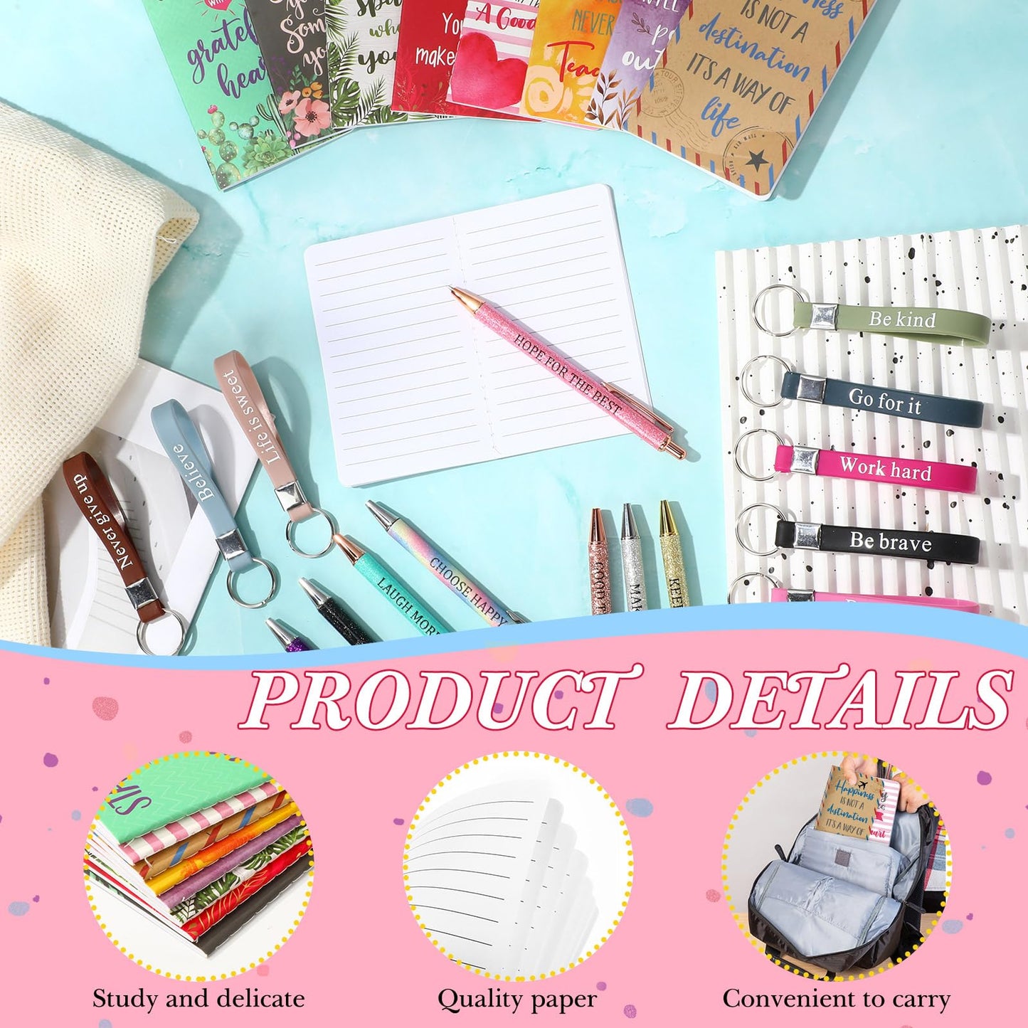Pajean 128 Pcs Inspirational Gifts Bulk Motivational Notebooks Journal Ballpoint Pens Positive Keychains Organza Bags for Students Teachers Employee School Office Prizes Favors Supplies (Stylish)
