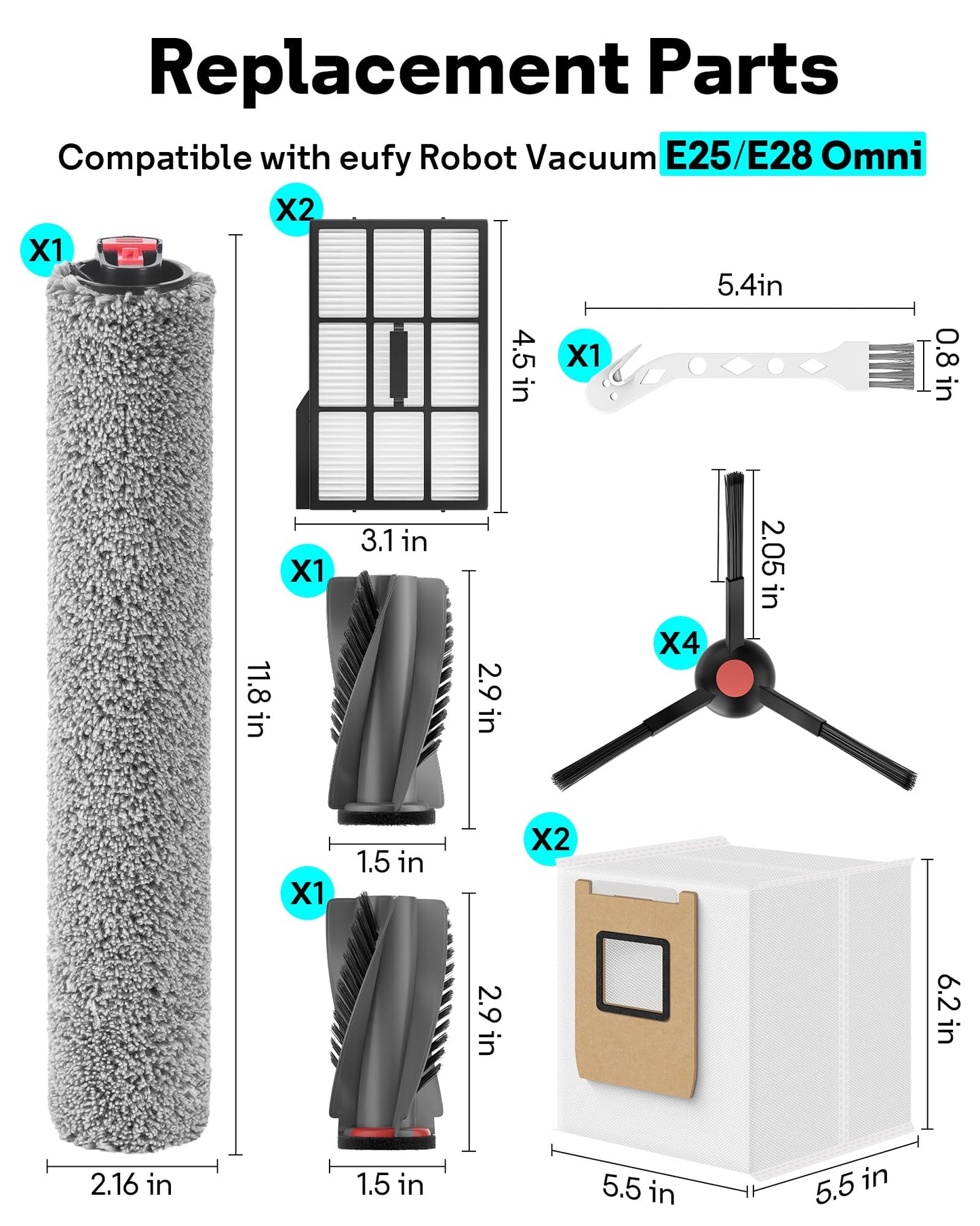 Leemone 12 Pack E25 E28 Replacement Parts Kit for eufy E28 / E25 Omni Robot Vacuum, E25 Accessories Parts with 2 Dust Bag, 4 Side Brushes, 1 Rolling Brush, 1 Roller Mop, 2 Filter, 1 Cleaning Brush