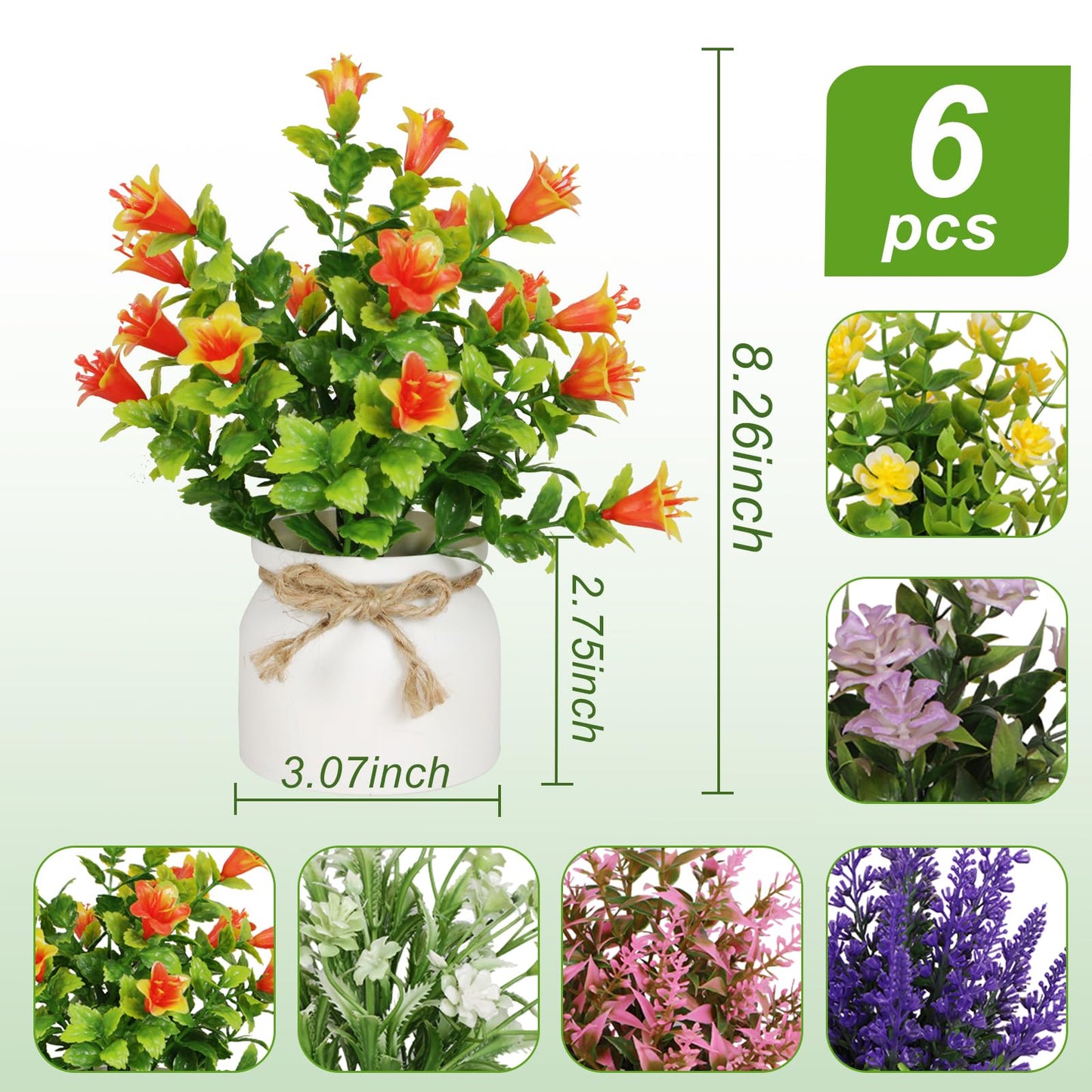 Yoratee 6pcs Artificial Pot Flowers Small Fake Plants Mini Potted Plants for Home Office Tabletop Decoration