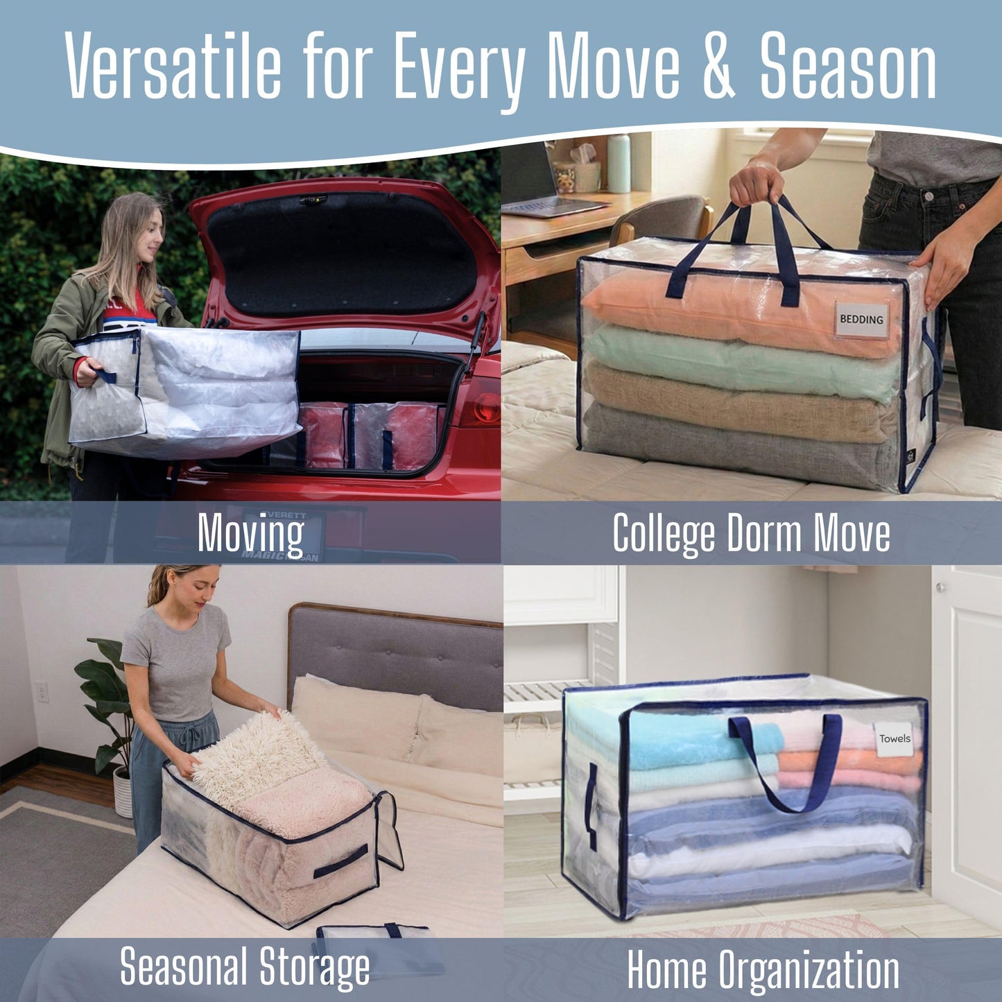 VENO 10 Pack Clear Extra Large Moving Bags & Storage Totes, Heavy Duty Organizer with Reinforced Handles & Strong Zippers for Clothes, College Dorm Essentials, Moving Supplies