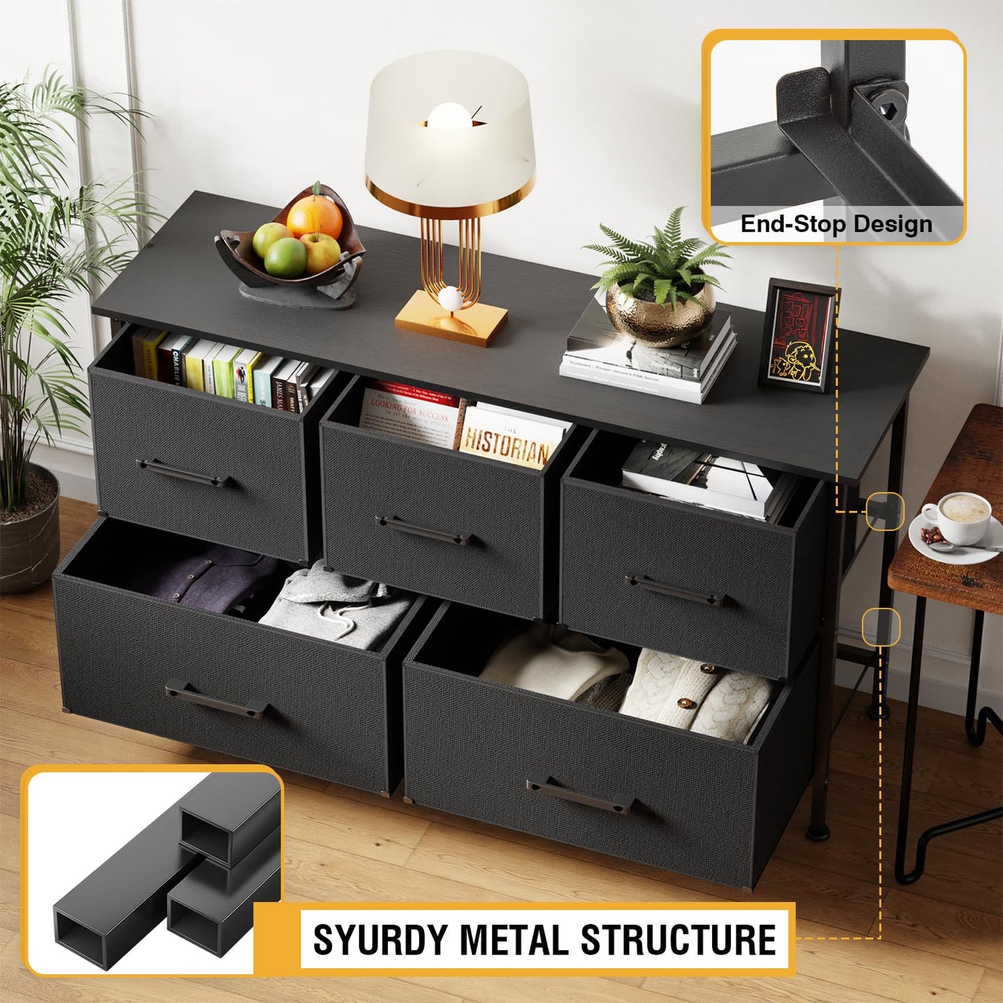 FDW 5 Fabric Drawers Dresser for Bedroom,Chest Organizer Units with Steel Frame and Wooden Top for Bedroom,Closet,Living Room, Entryway,Black