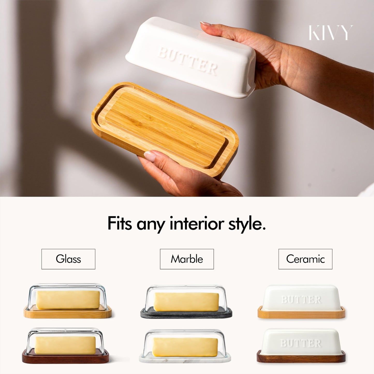 KIVY Butter Dish (White Marble & Glass) - For countertop and refrigerator door shelf - Marble butter keeper - Stone butter dish with lid - Dishwasher Safe