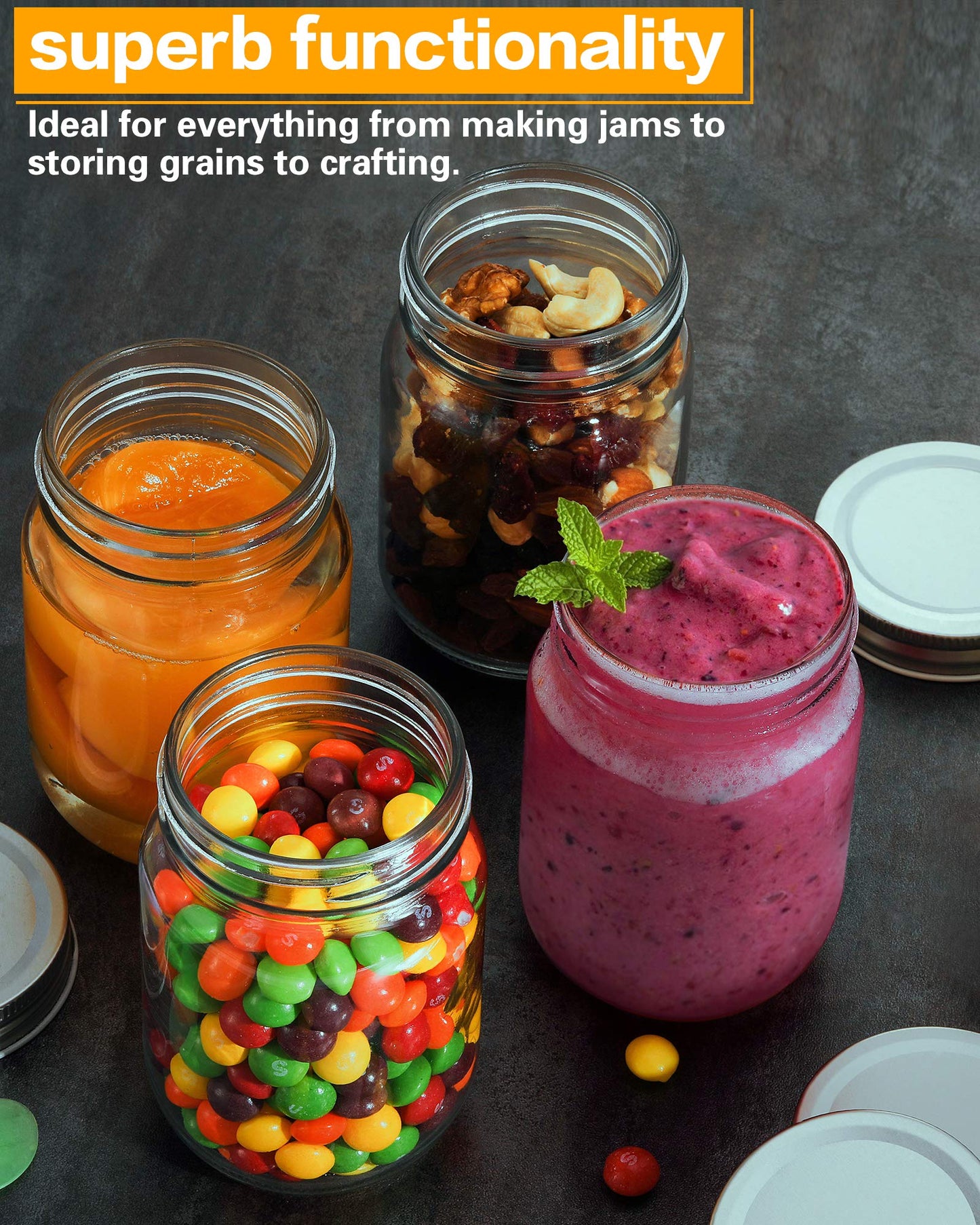 Rainforce 16 oz Mason Jars With Lids Regular Mouth 15 Pack-16oz Glass Jars with Silver Lids,Bulk Pint Clear Glass Jars For Meal Prep, Food Storage With 20 Labels