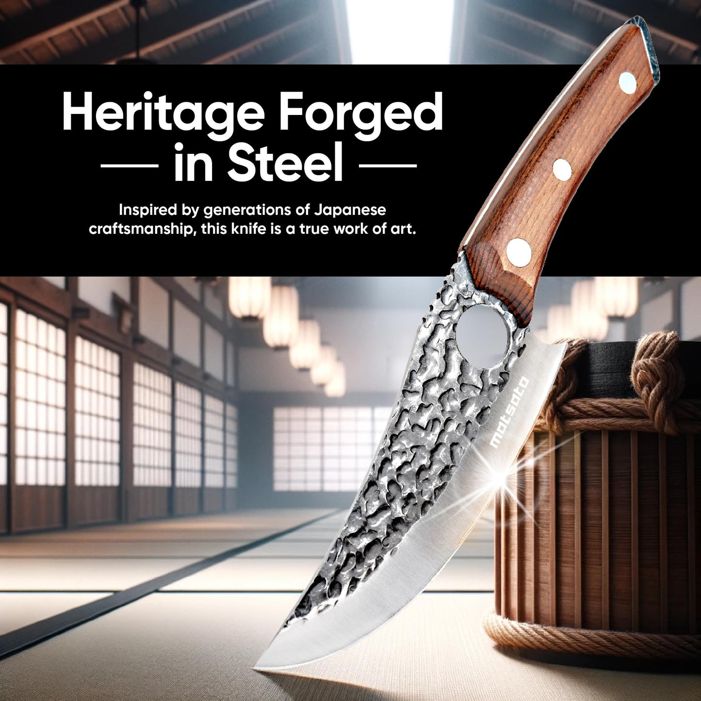Matsato Chef Knife with Leather Sheath – Japanese Steel Kitchen Knife for Home & Cooking, Christmas Gift Set for Men or Women, Kitchen Accessory for Chefs