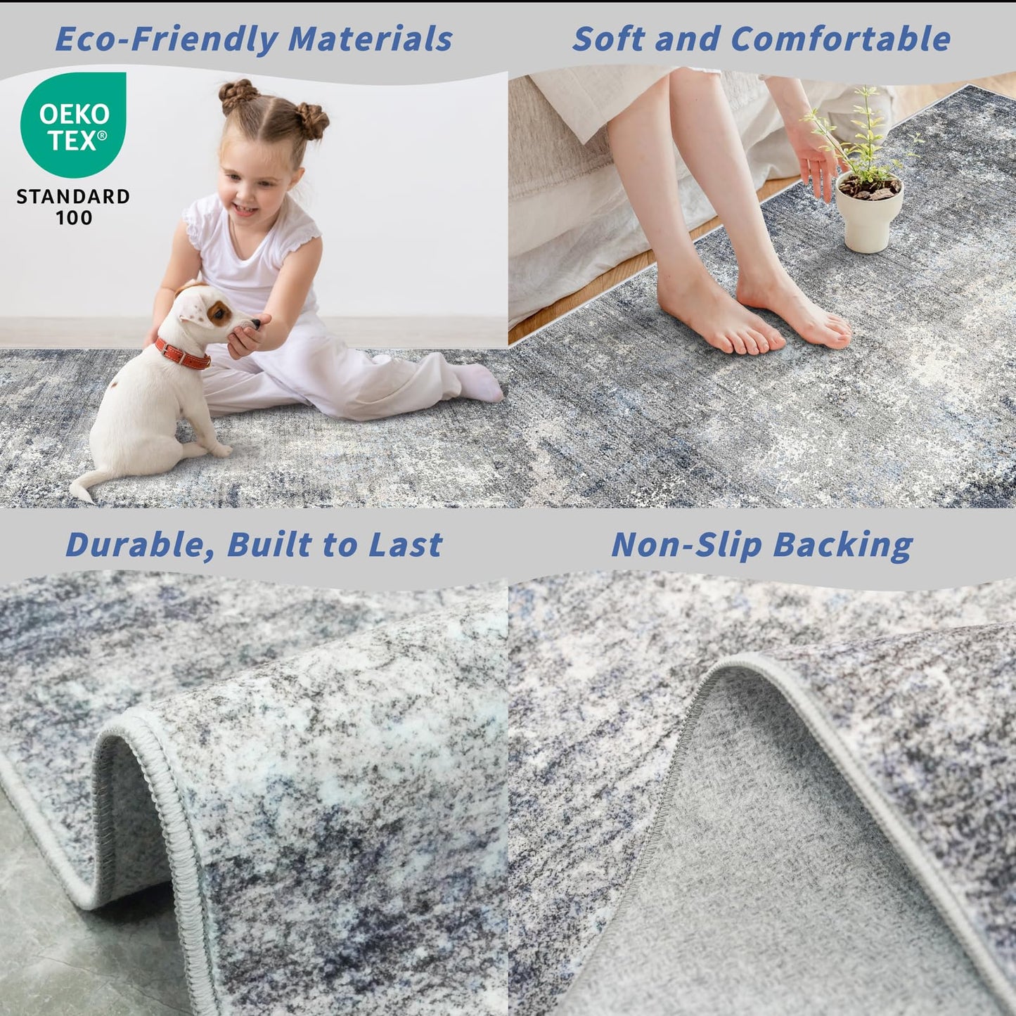 2x10 ft Washable Hallway Runner Rug – Non-Slip Stain-Resistant Low-Pile Long Carpet Runner for Kitchen Entryway Living Room Bedroom Bathroom, Modern Abstract Neutral (Blue Gray,2x10)