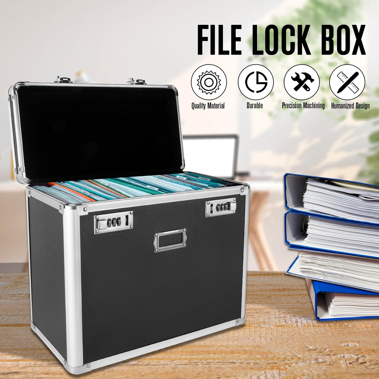 File Organizer Storage Box, Portable Locking Storage Totes - Storage Box with Dual Combination Locks for Filing Office Documents (Black)