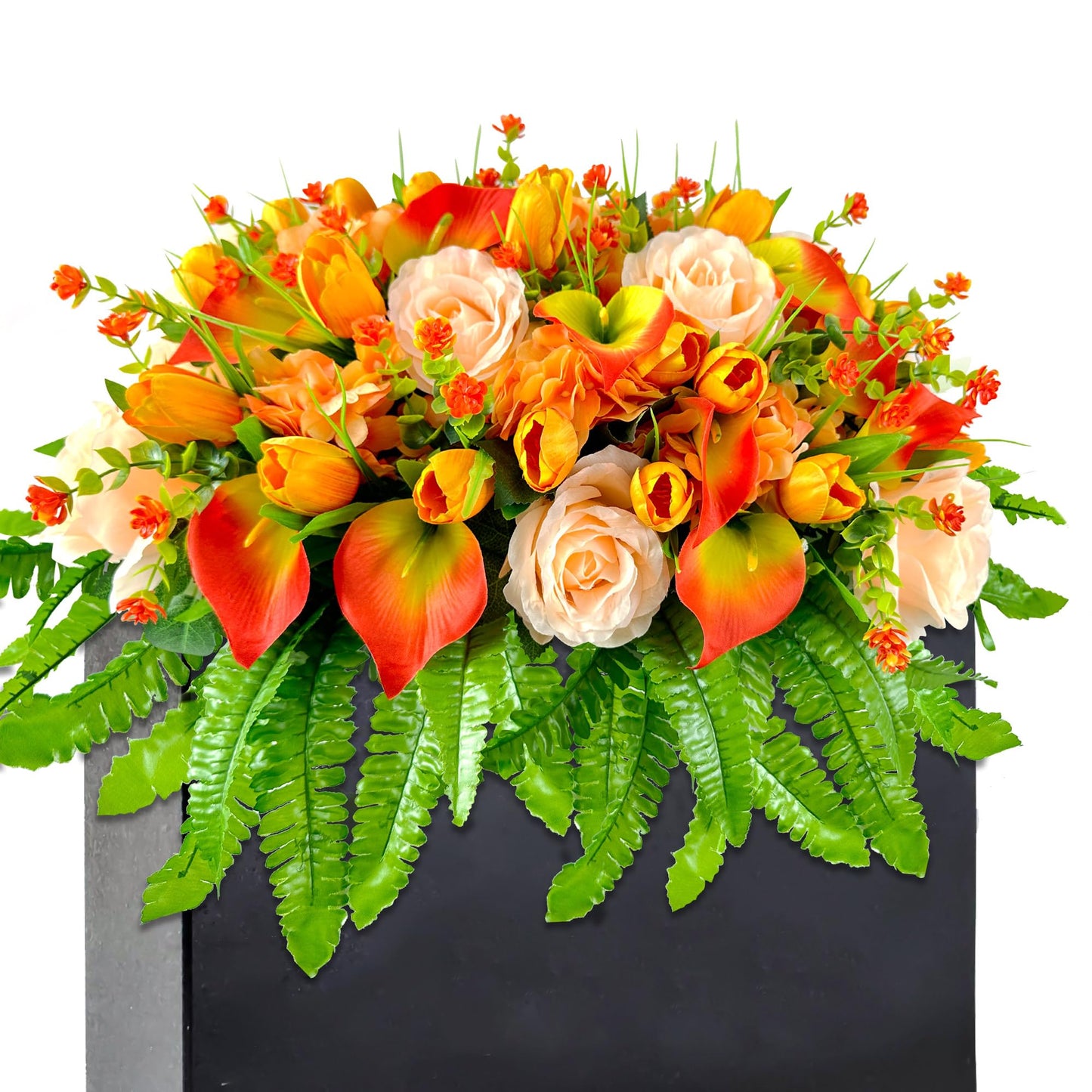 FLOWERIA Artificial Cemetery Flowers - Outdoor Grave Saddle for Headstone Decorations with Orange Roses Tulips