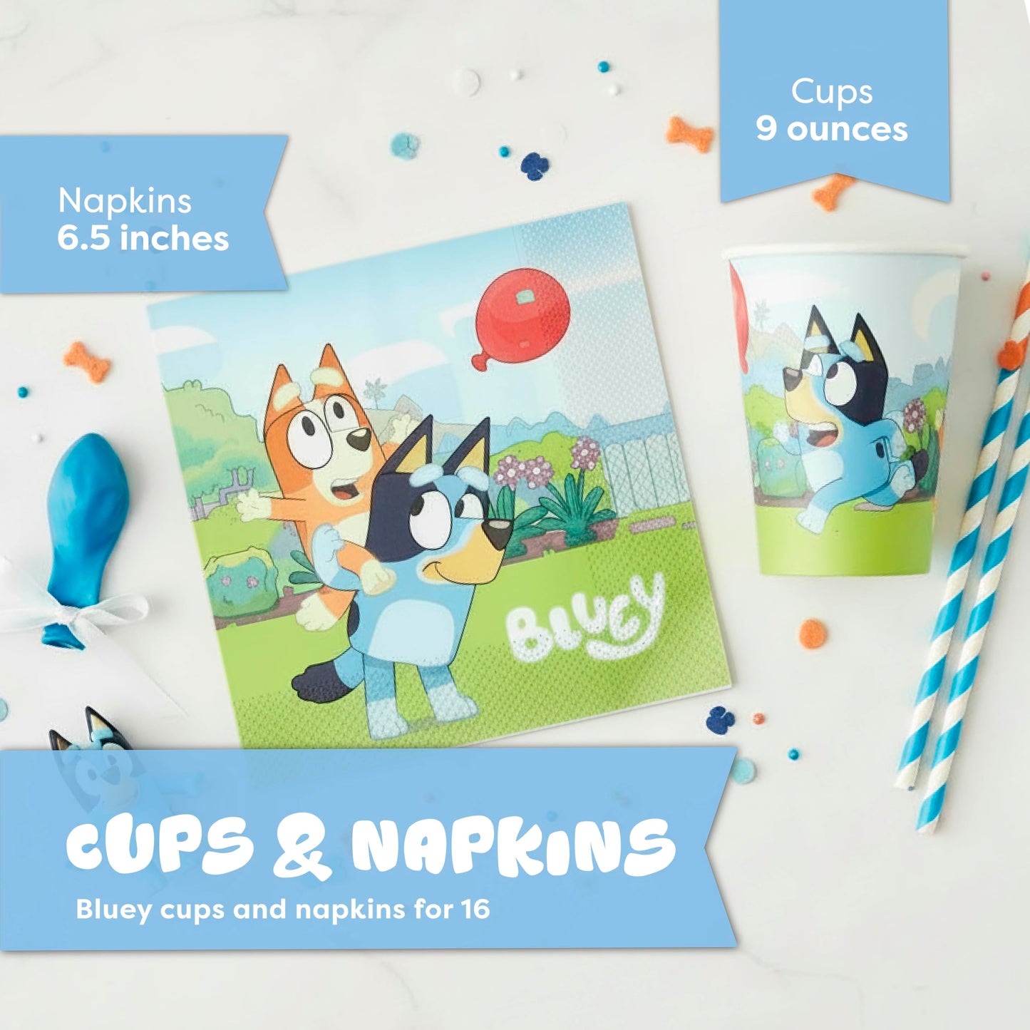 Bluey Birthday Decorations for Party | 16 Dinner Plates, 16 Dessert Plates, 16 Napkins, 16 Cups, 18 Forks | With Sticker | Officially Licensed