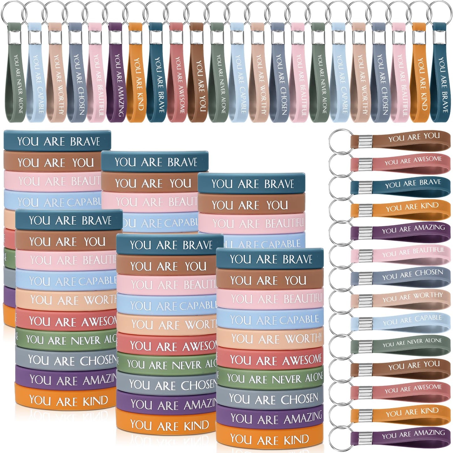 Sratte 240 Pcs Motivational Wristband Employee Appreciation Gifts Inspirational Keychain Pride Month Mental Health Gifts Bulk(Classic)