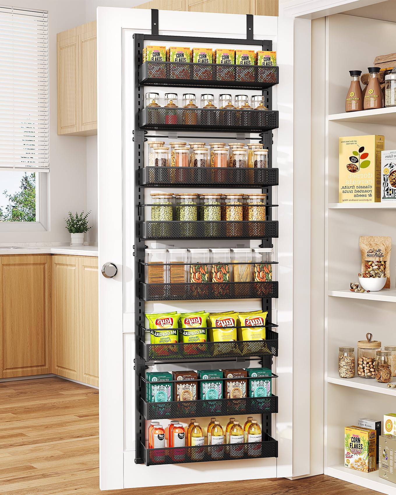 SNTD 8 Tiers Over the Door Organizer - Height Adjustable Pantry Organizers and Storage with Dense Mesh Baskets, Anti-Swing Hanging Door Spice Rack for Kitchen Bathroom (Black, 17" W x 6" D x 69" H)