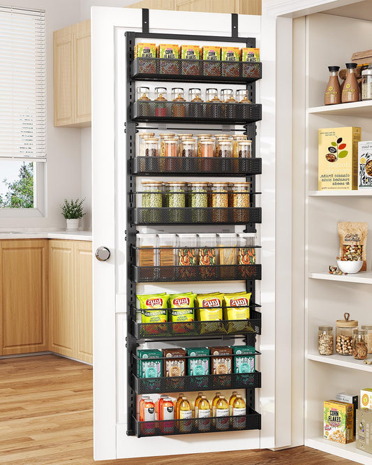 SNTD 8 Tiers Over the Door Organizer - Height Adjustable Pantry Organizers and Storage with Dense Mesh Baskets, Anti-Swing Hanging Door Spice Rack for Kitchen Bathroom (Black, 17" W x 6" D x 69" H)