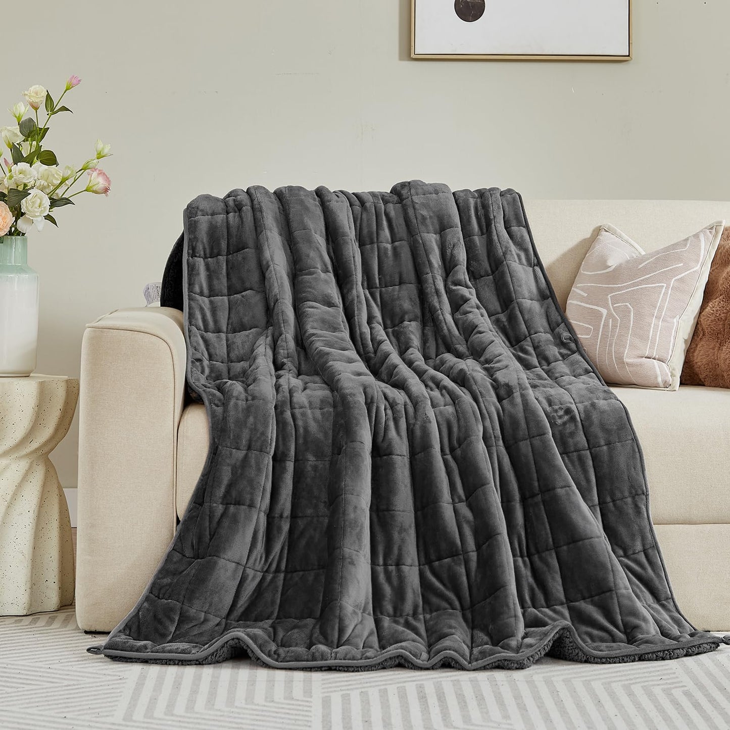 Sherpa Fleece Adult Weighted Blanket, 15 Pounds Dual Sided Soft Plush Blanket for Couch Bed Sofa, Heavy Thick Blankets with Glass Beads Great for Sleep, 48 x 72 inches, Dark Grey on Both Sides