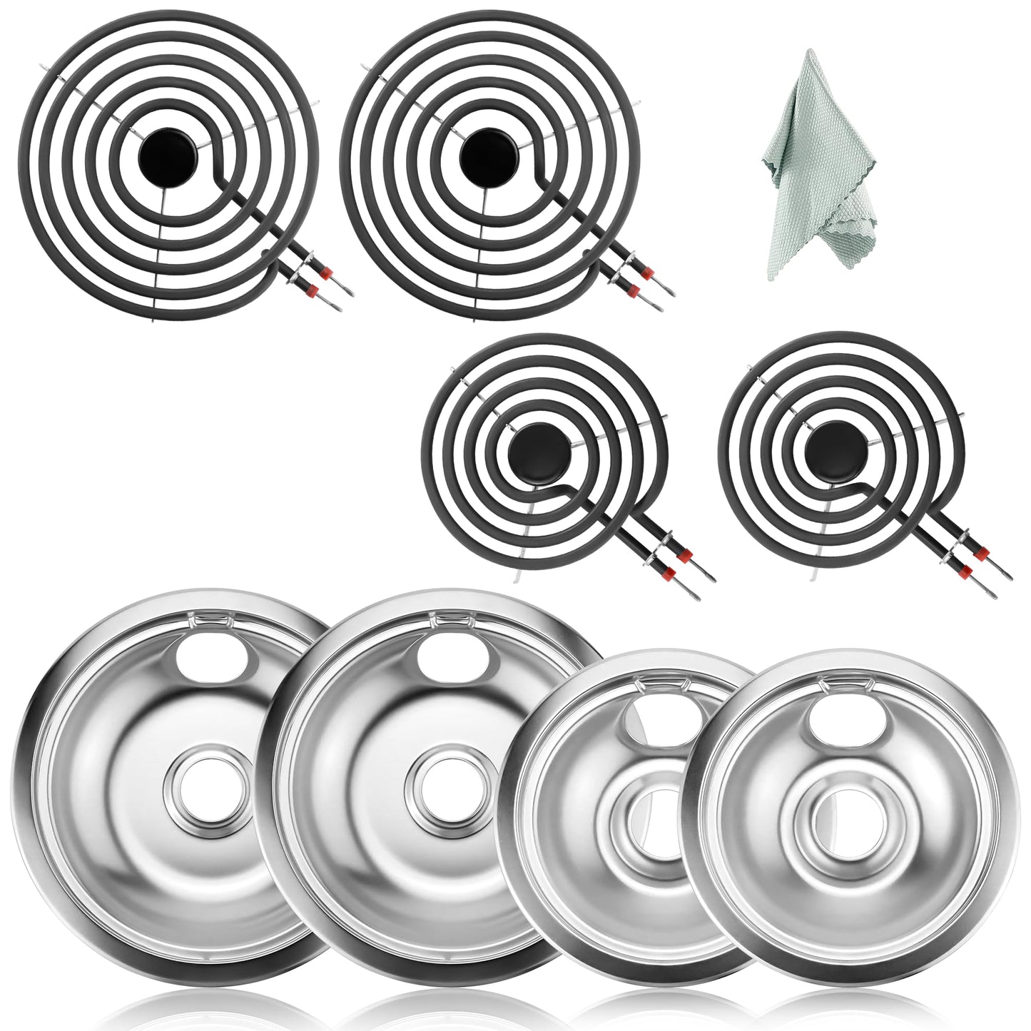 AMI PARITS Porcelain Drip Pan Burner Kit for Electric Stove Fit for Frigi-daire, Ken-more - Includes 316048413 & 316048414 Drip Pans, MP15YA & MP21YA Electric Range Burner Elements, Cleaning Cloth