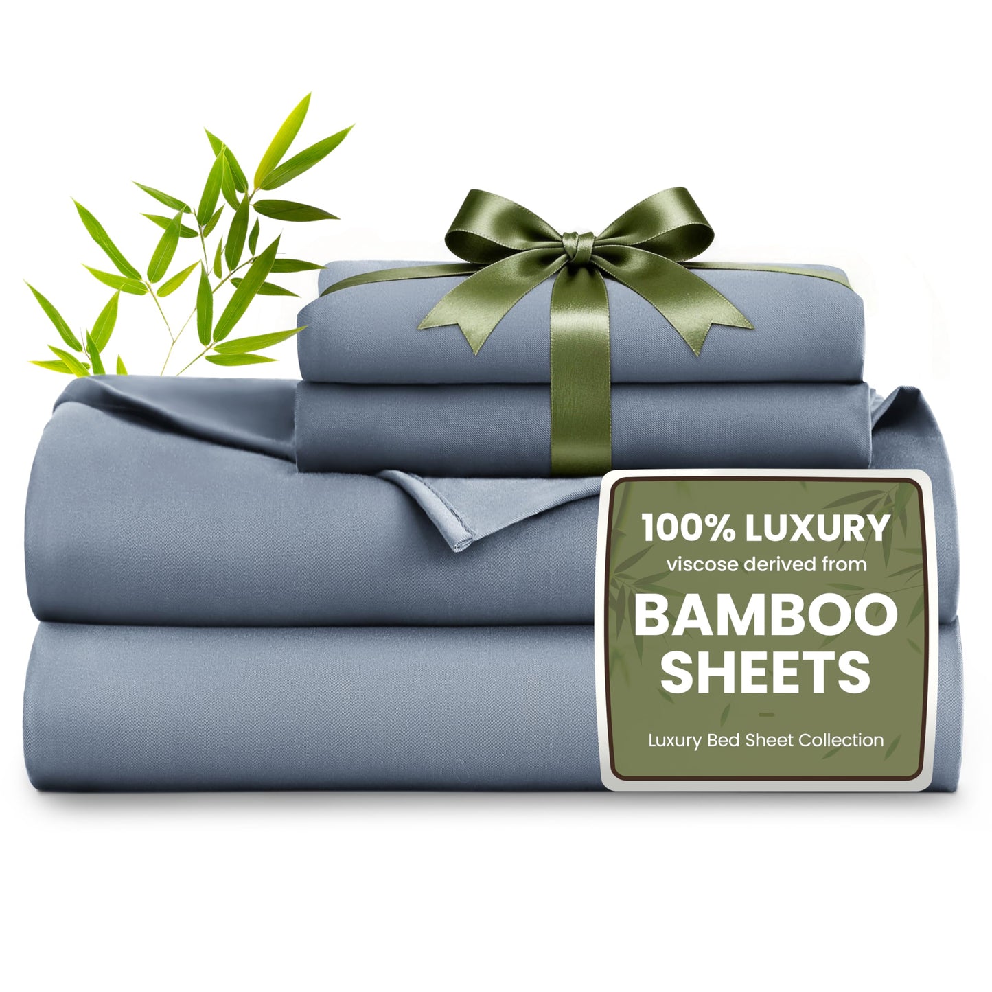 Love's cabin 4 Piece Queen Sheet Set, 100% Rayon Derived from Bamboo, Cooling & Breathable, Soft Silky Deep Pocket up to 16", Hotel Luxury Bedding for Hot Sleepers, Bluish Grey