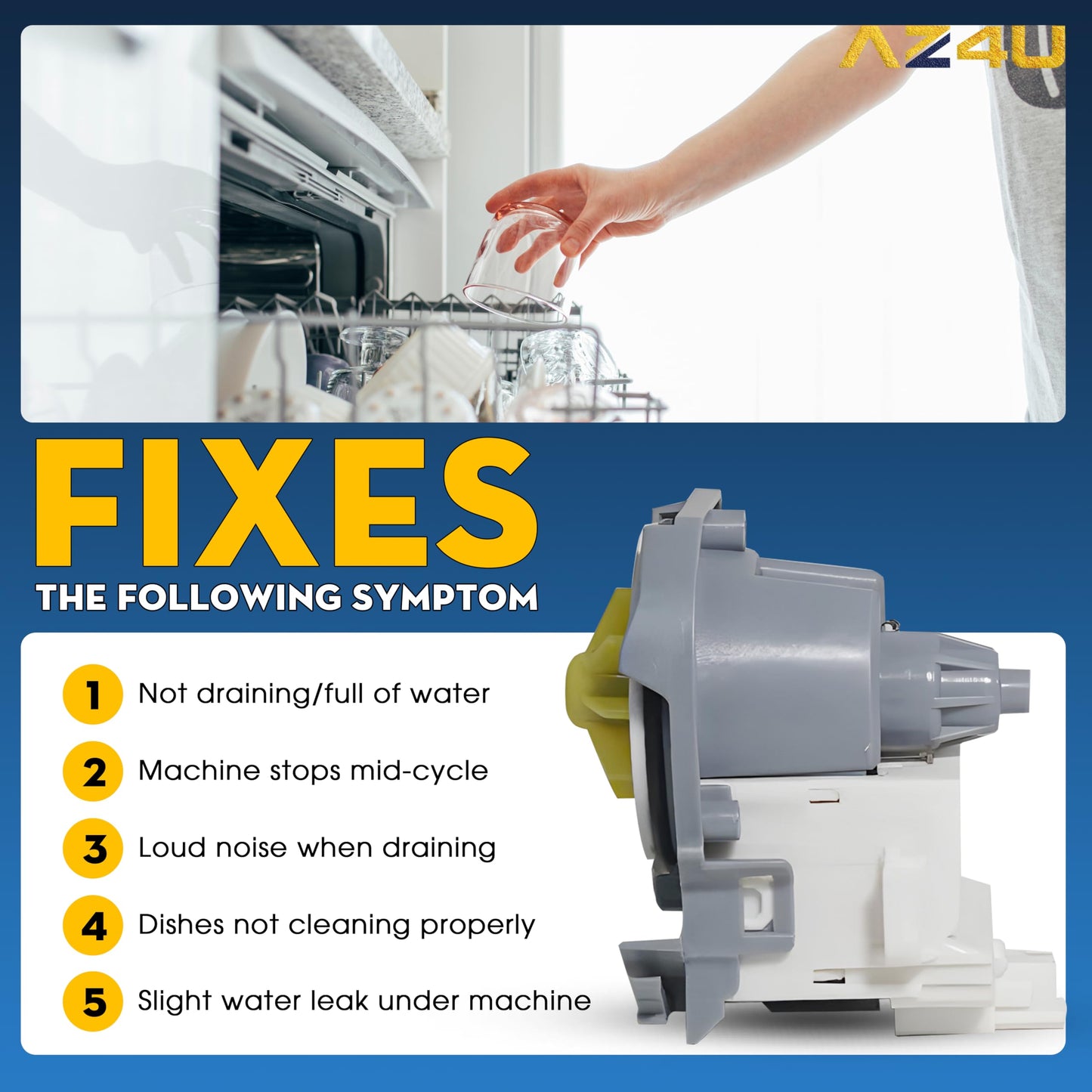 AZ4U Dishwasher Drain Pump Motor Replaces For Whirlpool WDF520PADW WDT970SAHZ0 WDT970SAHV0 WDT710PAHZ1 WDF520PADM7 WDF520PADW7 WDF560SAFM2 WDT720PADB2 WDT730PAHZ0 WDT720PADM2 WDT750SAHZ0 WDTA50SAHZ0