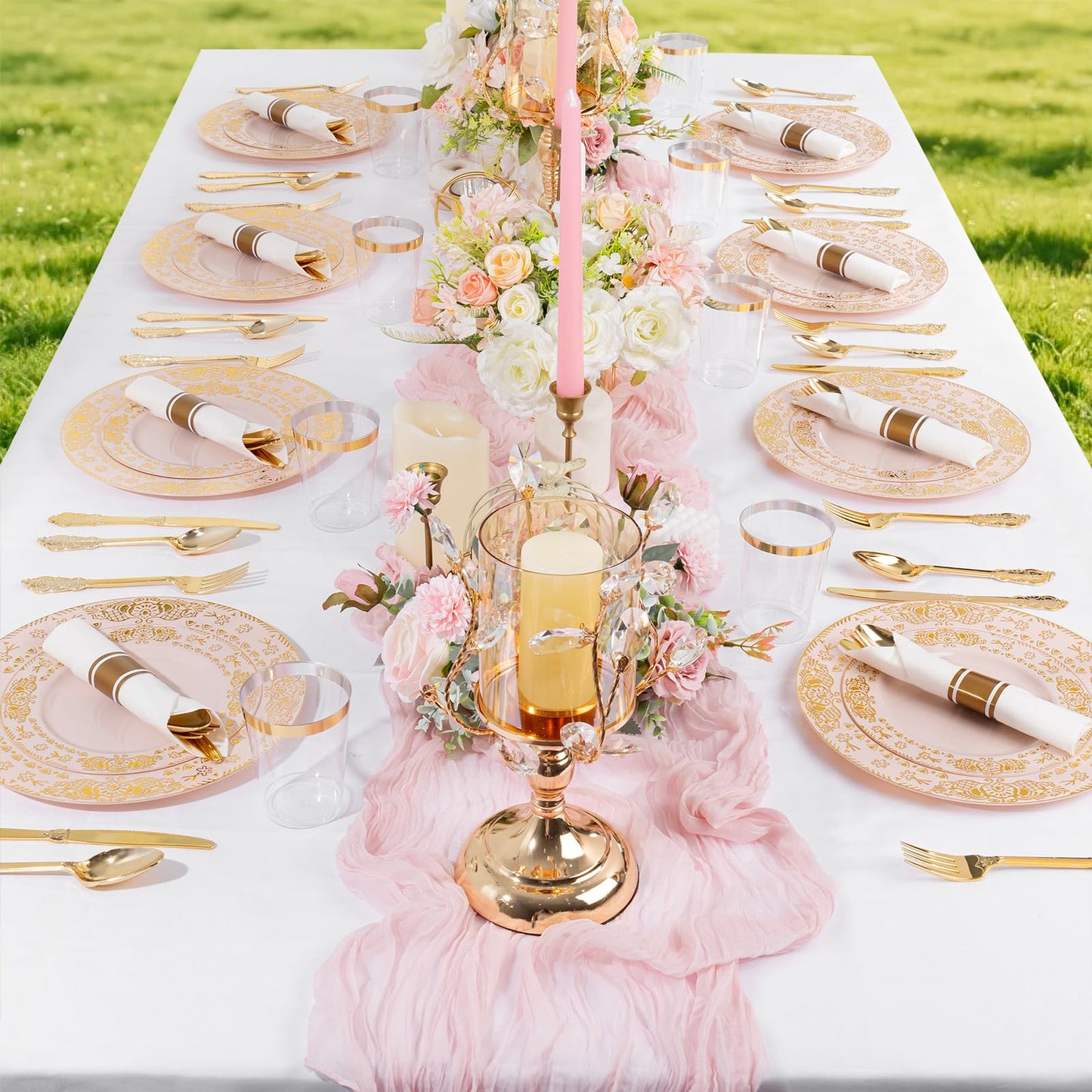 GATHER 350PCS Pink and Gold Plastic Plates - Gold Disposable Dinnerware Set Include 50 Dinner Plates, 50 Dessert Plates, 150 Plastic Silverware, 50 Napkins, 50 Cups for Wedding