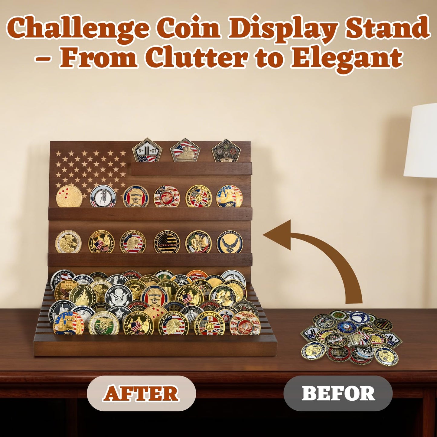 Challenge Coin Display, Slotted Stands Military Coin Holder Display Rack Solid Wood for Army Coin Collection Desk Tabletop Decorative Stands, Large Capacity of 80 Coins 8 Raw (Walnut)