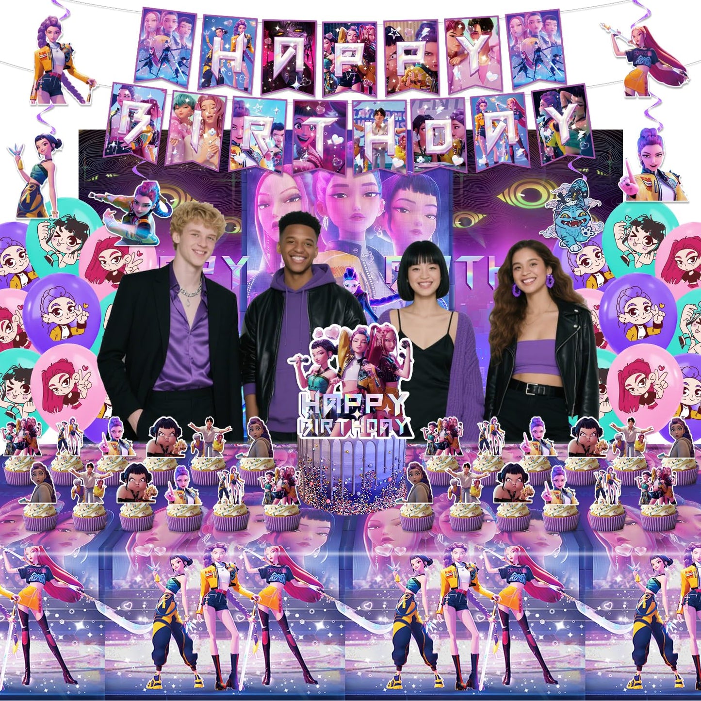AIXPROBEAD Demon Hunters Birthday Decorations, Party Supplies Set Include Banner, Backdrop, Balloons, Hanging Swirls, Cake Cupcake Toppers, Tablecloth for Boys Girls Kpop Theme Party
