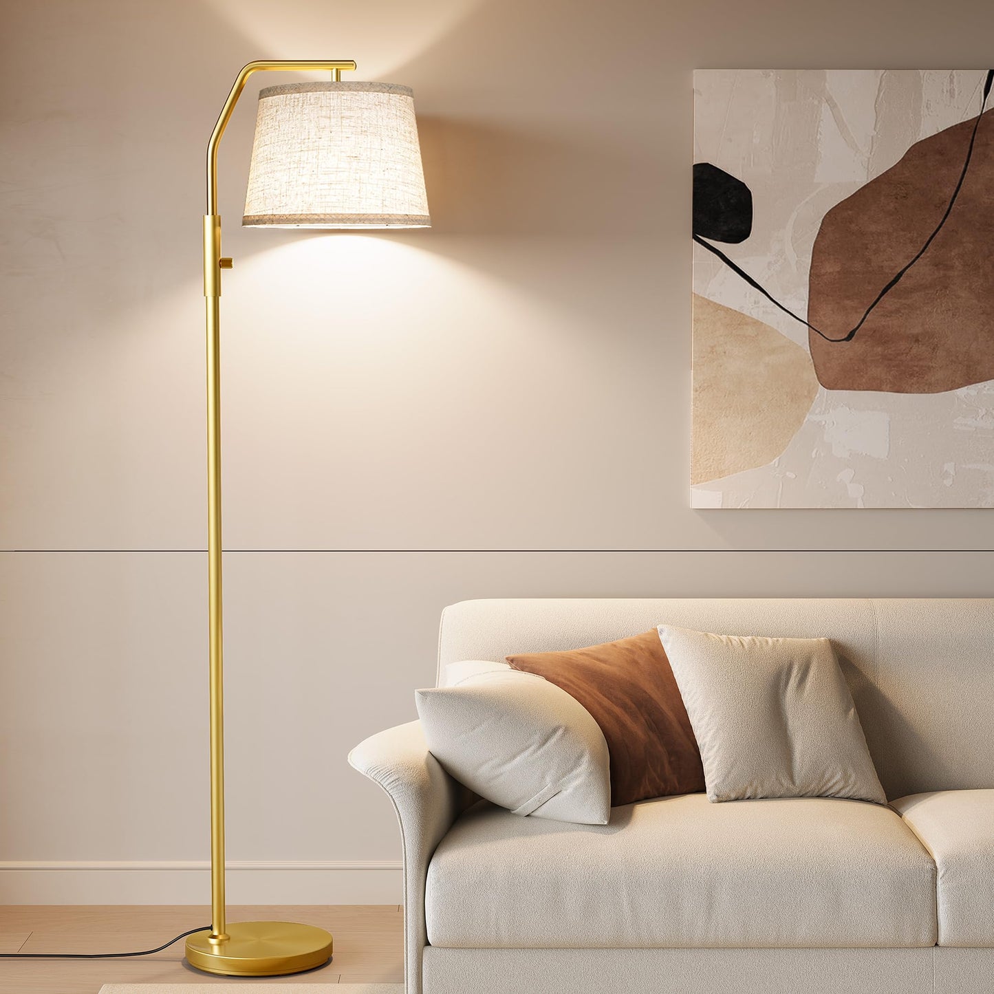 SUNMORY Floor Lamps for Living Room, 9W Bulb Included, Lamp for Bedroom with Adjust Head, Standing Lamp with Rotary Switch, 0-100% Dimmable Floor Lamp for Living Room Bedroom Office Nursery, Gold.