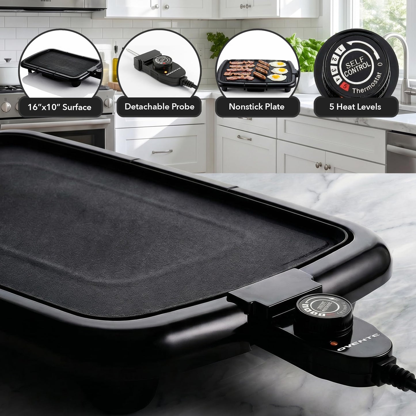 OVENTE Electric Griddle with 16 x 10 Inch Flat Non-Stick Cooking Surface, Removable and Adjustable Temperature Control, Indoor Grill for Instant Breakfast, Pancakes, Eggs or Burgers, Black GD1610B