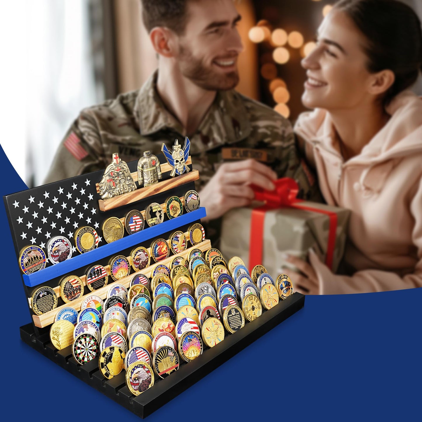 YUN RUI 11 Rows Challenge Coin Display, Removable Military Coin Holder Display with American Flag, Wooden Coin Display Case Rack Holds 95-106 Coins,Black