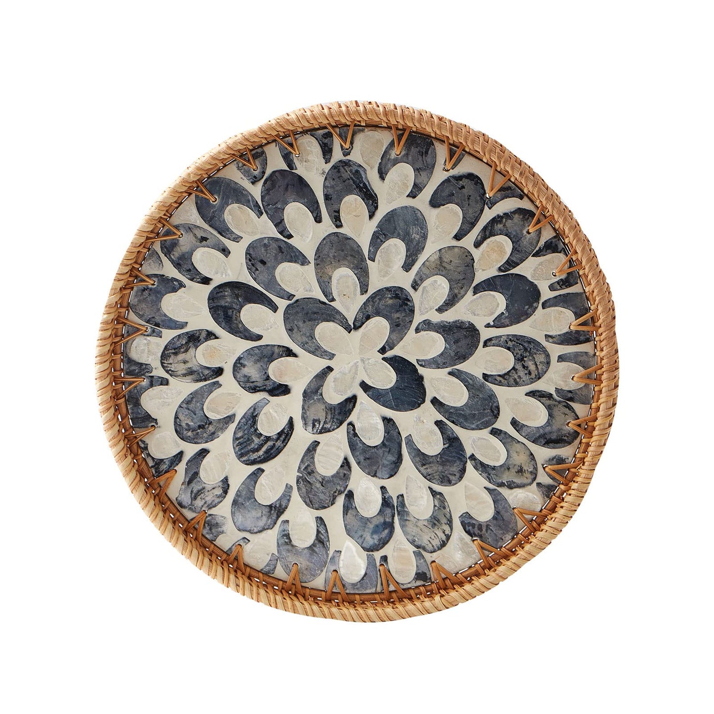 Round Rattan Tray with Mother of Pearl Inlay, Rattan Serving Tray with Wooden Base, Decorative Wicker Basket for Table Decor, Storage and Display of Coffee Bread Food Fruit (Plume 13.5")