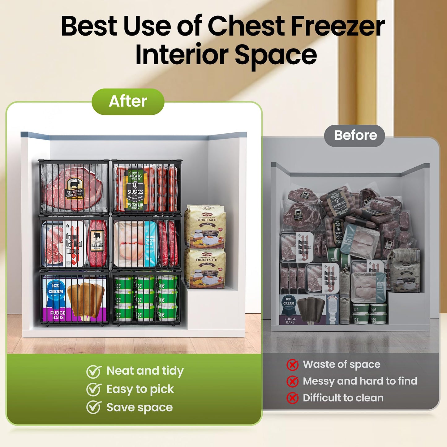 MSERCUOR Freezer Organizer Bins, 3 Pack Big Stackable Deep Chest Freezer Organizer Bins, Foldable Baskets with Handles, Black Storage Container Baskets for 5 to 9 Cu.FT Deep Freezer Sort Frozen Meats