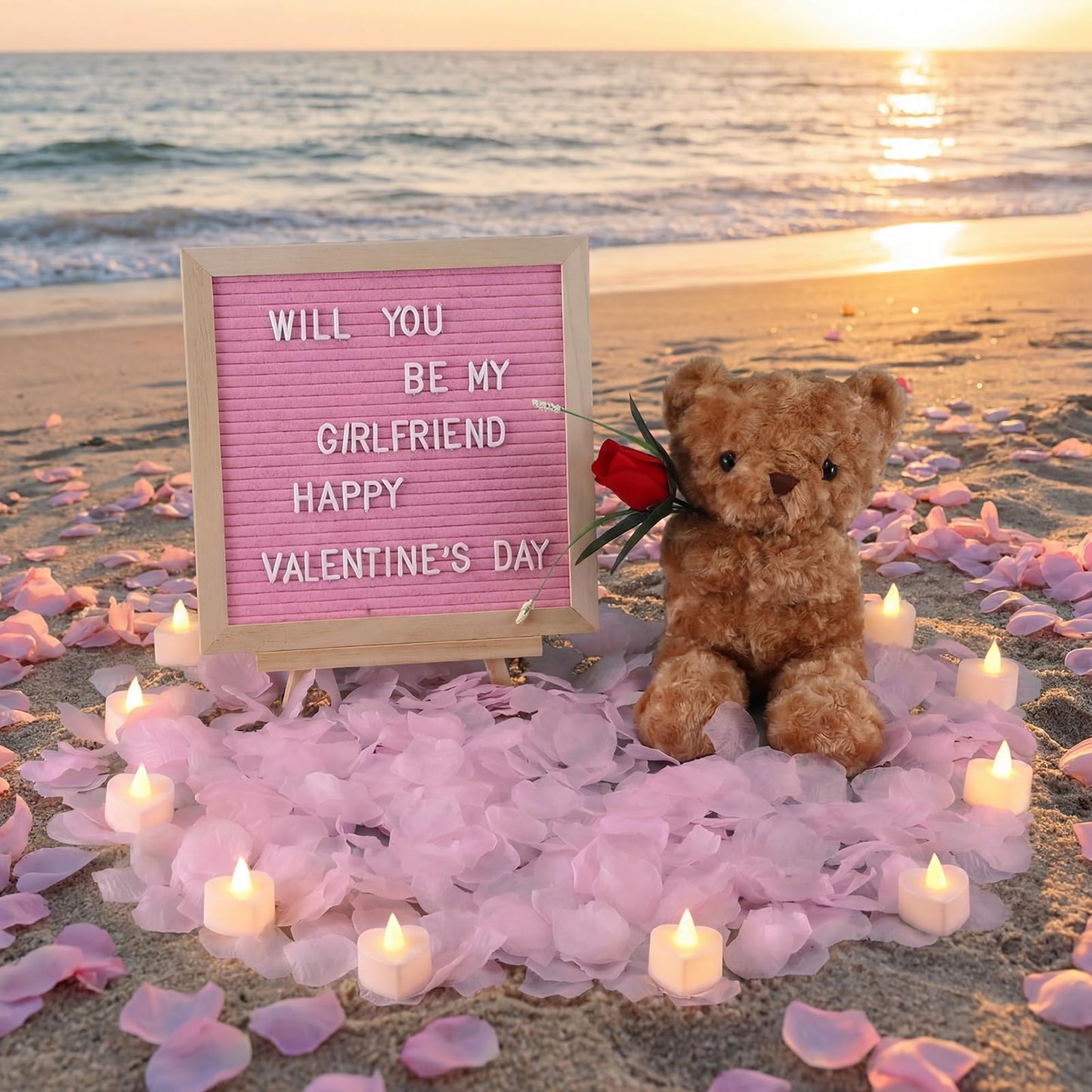 Ceenna Will You Be My Girlfriend Romantic Sign with LED Candles and Artificial Rose Petals, Bear Stuffed Animal Gift with Rose DIY Felt Letter Board Sign for Surprise(Pink)