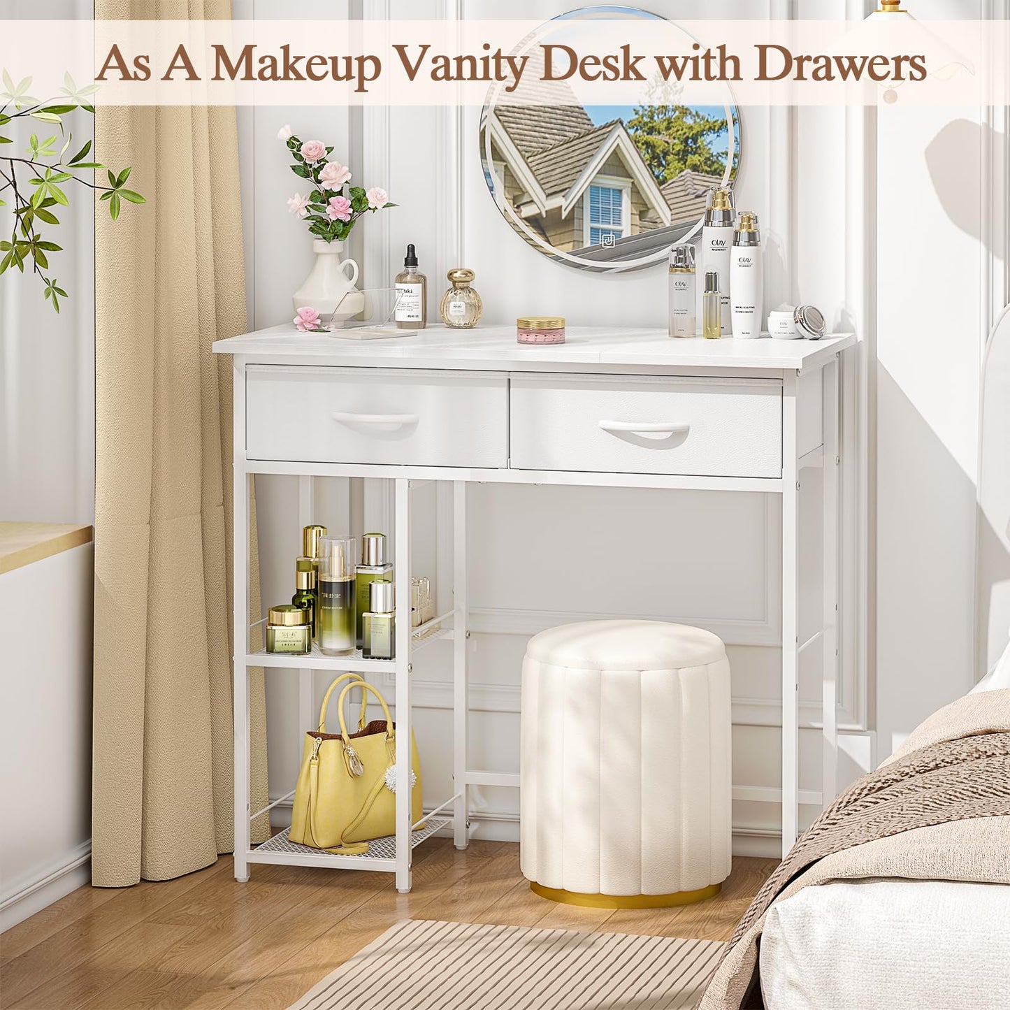 ThreeHio Small Writing Desk with 2 Drawers, White Computer Desk with Storage Shelf, Home Kids Study Table for Small Spaces, Simple Desk for Bedroom, Home Office, Living Room, Dorm, Vanity Desk, White