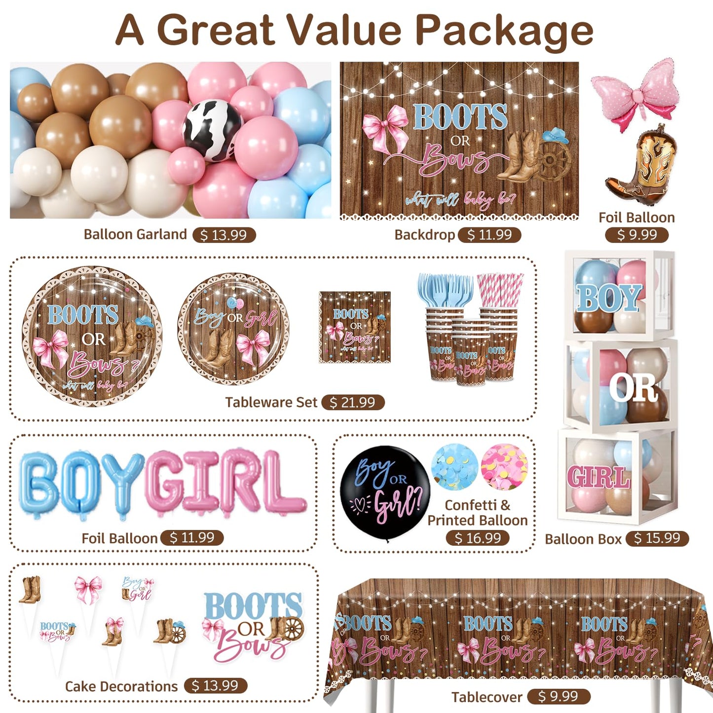 Cocomigo 299 Pcs Boots or Bows Gender Reveal Decorations, Complete Party Set Serves 25, Boots and Bows Gender Reveal Decorations with Plates, Tablecloths, Balloons, and Stickers