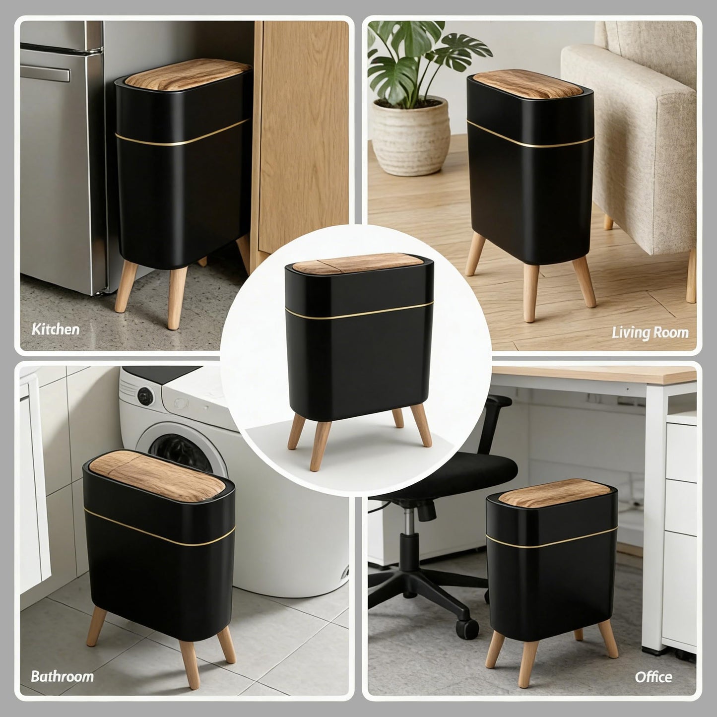 suyika Automatic Trash Can, 2.6 Gallon/10L Bathroom Trash Can with Lid - Wood Grain Lid and Legs, Touchless Waterproof Garbage Bin for Bedroom, Bathroom, Office, Living Room