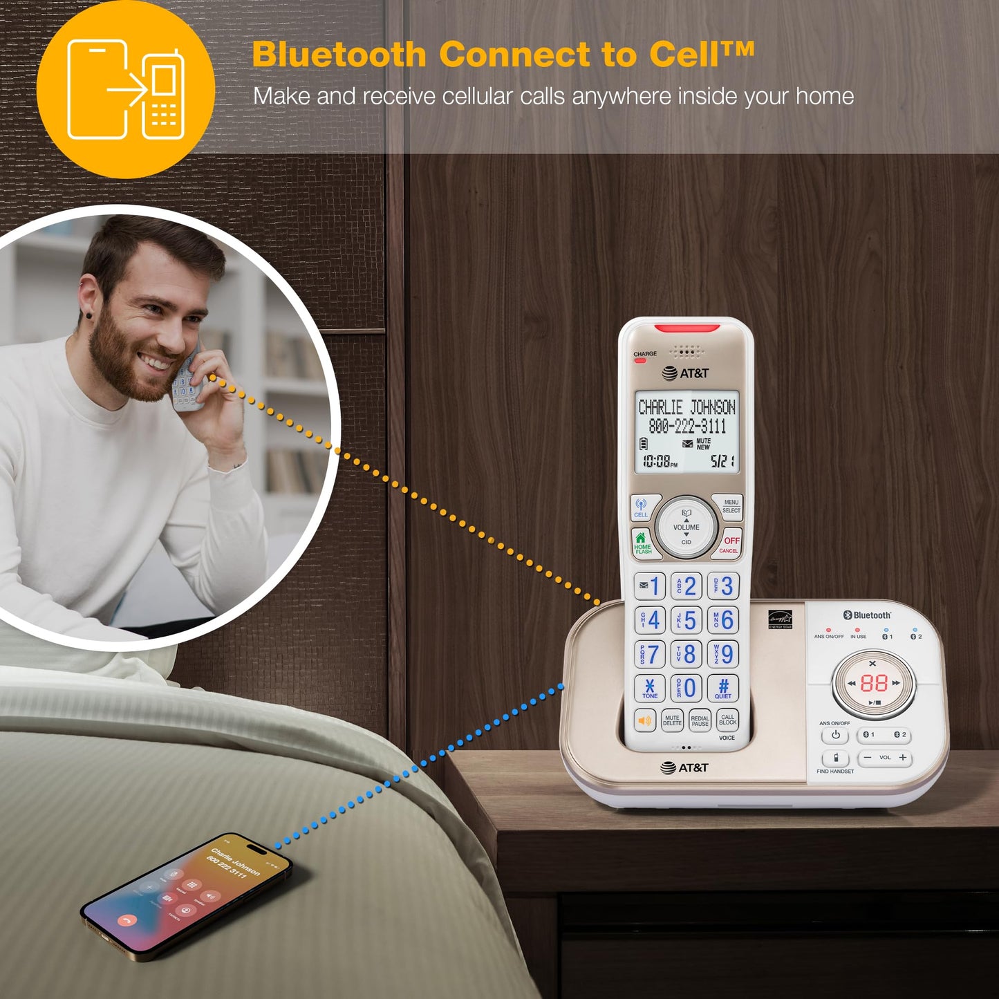 AT&T BL3112 Cordless Home Phone – 1 Handset, Bluetooth to Cell, Smart Robocall Blocker (1,000), Digital Answering, Expandable