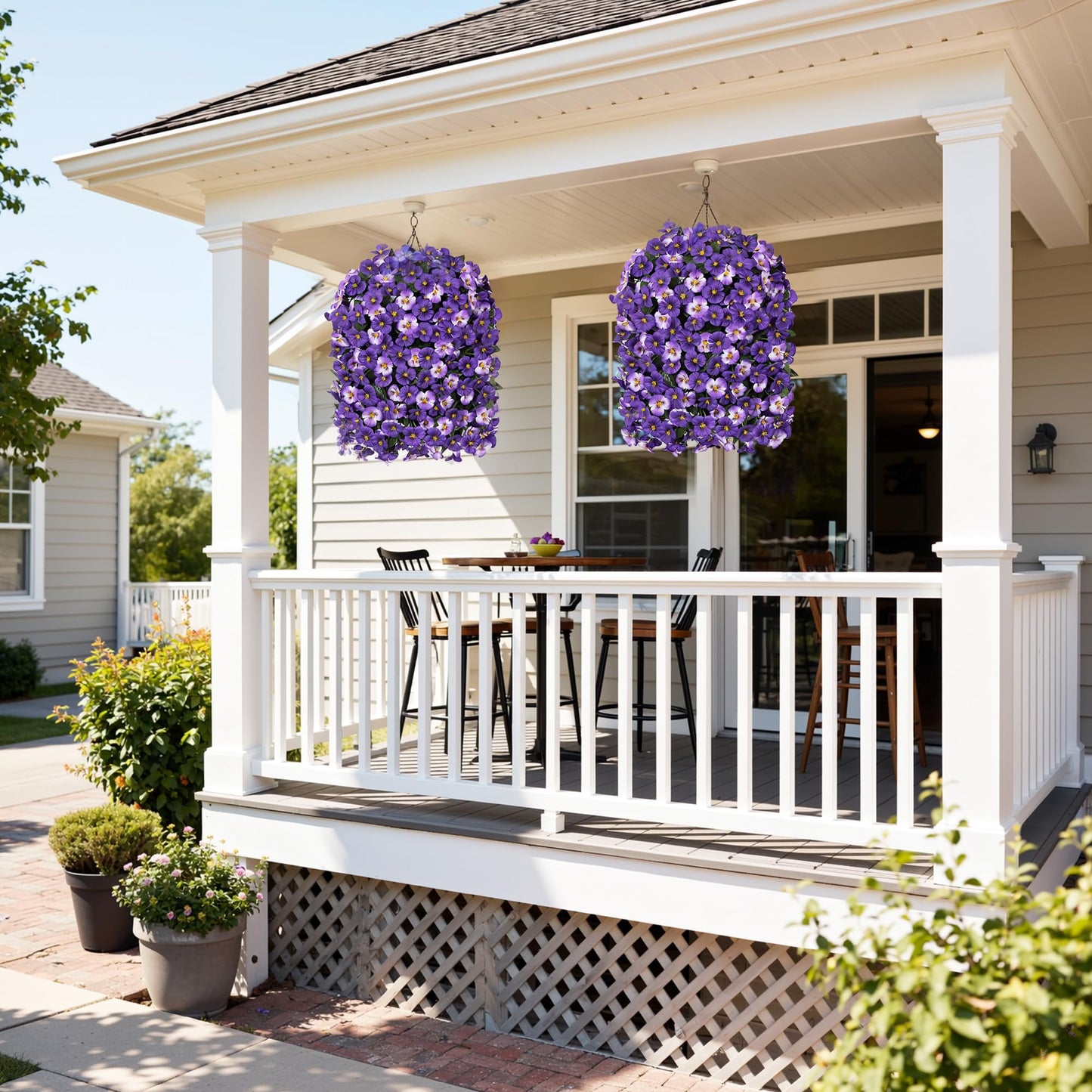 HyeFlora 4pcs Artificial Flowers for Outdoors Fake Pansy with Hanging Basket UV Resistant Silk Spring Faux Flowers for Outside Front Door Porch Yard (Mix Purple)