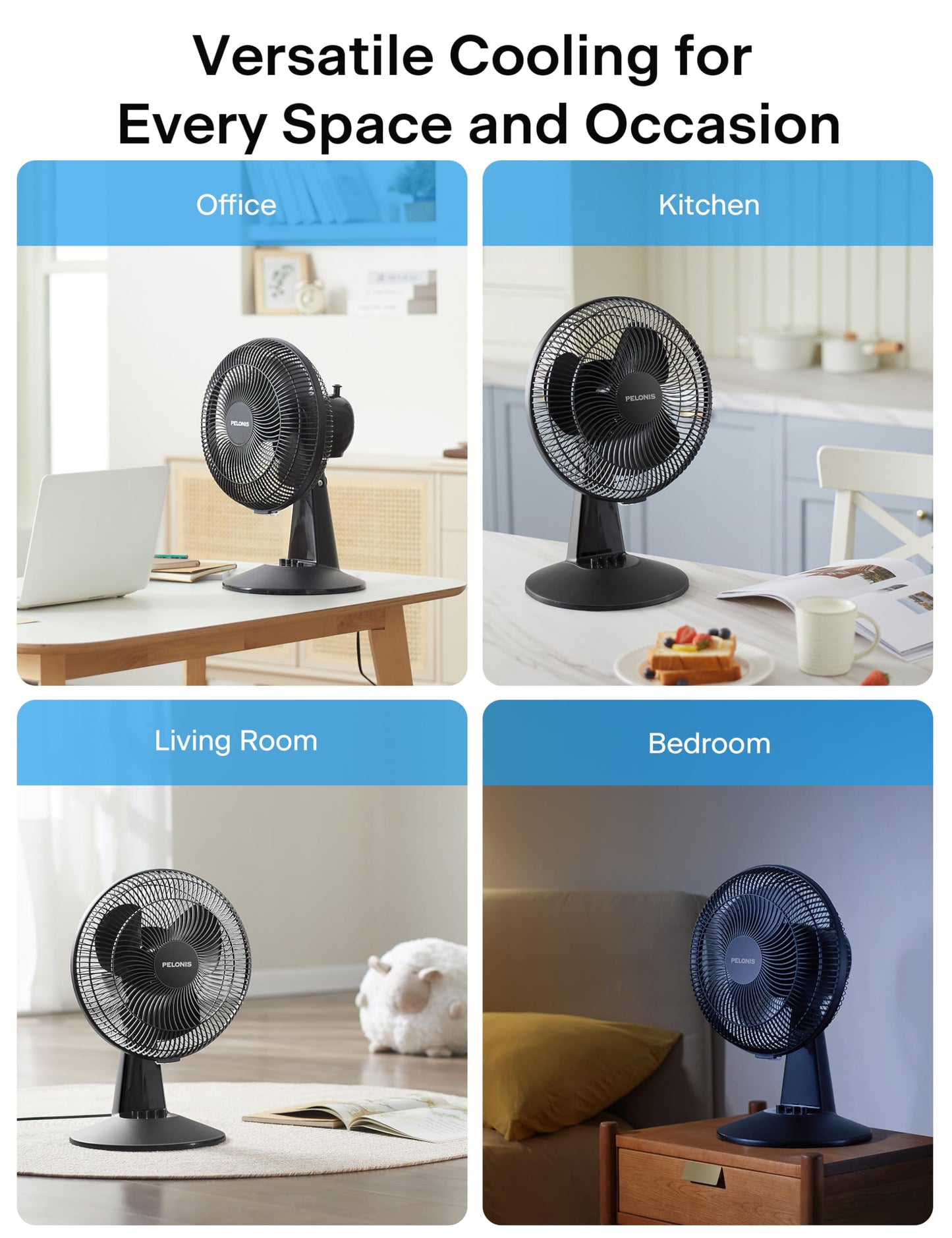 PELONIS Table Fan 12-Inch, 120° Oscillating Table Fan Small Portable Electric Plug-In Desk Fan with 3-Speeds, 126° Adjustable Tilt Head for Bedroom and Office Black