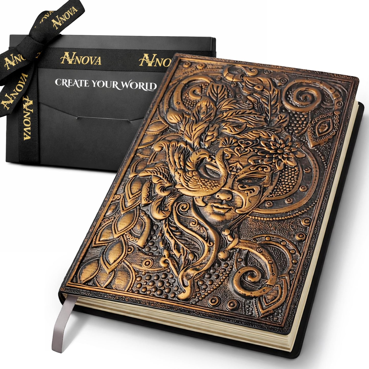 A&V NOVA Gift Journal for Women – Vintage 3D Embossed Goddess Journal, PU Leather Hardcover Notebook, Premium Lined Pages, Elegant Gift Box with Ribbons, Create Your World Writing Journal, 200 Pages