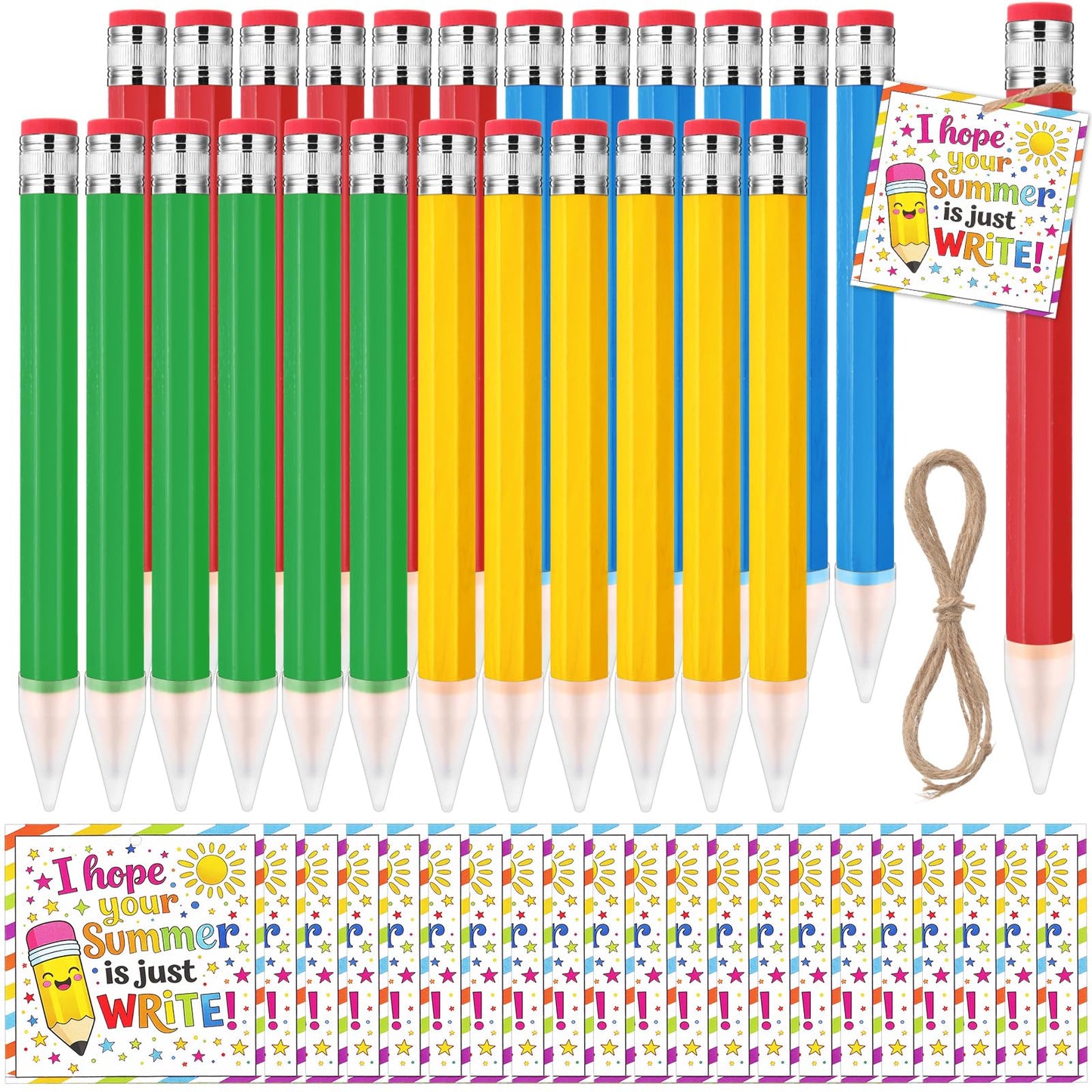 Humyoun 24 Sets End of the Year Student Gifts 13 Inch Big Wooden Jumbo Pencils Set of Giant Pencil Prop with Summer Greeting Card Large Pencils with Cap Preschool Kindergarten Graduation Gift