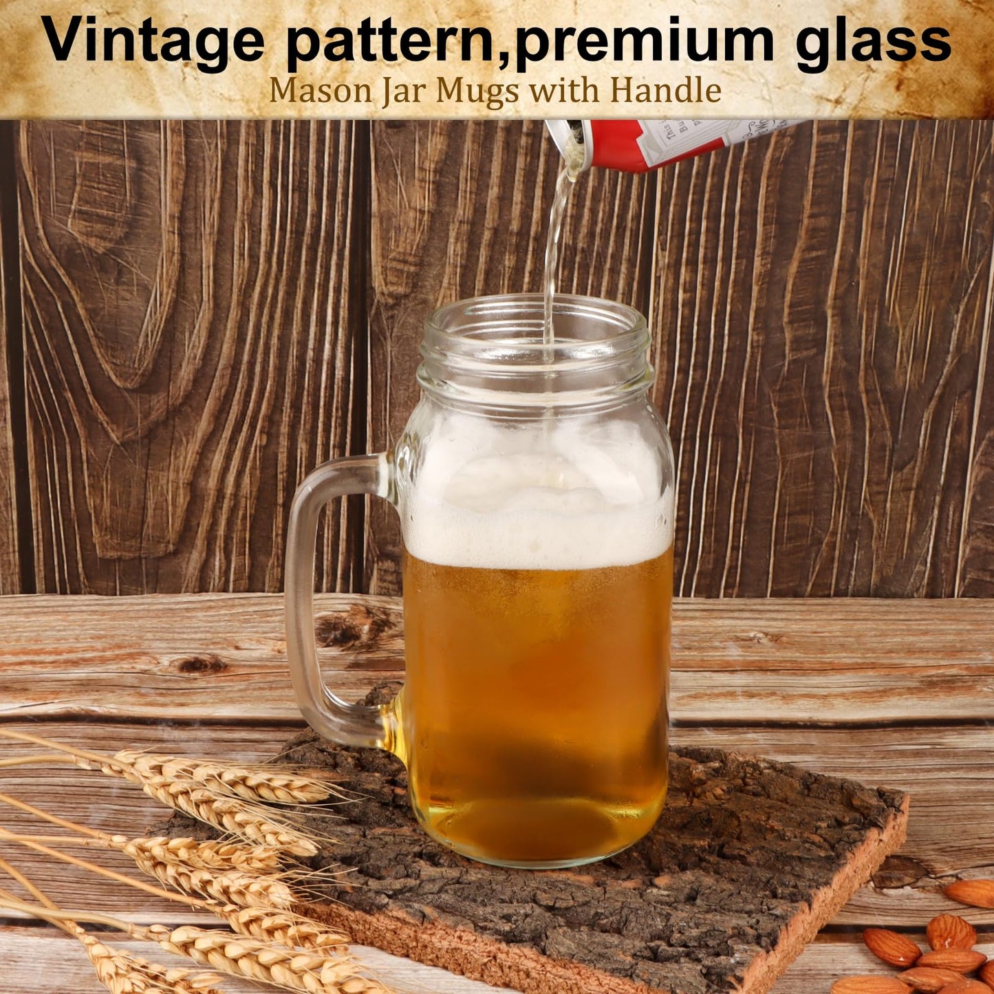 LOSANJI 24 oz Mason Jar Cups with Handles, Wide Mouth Iced Coffee Cup with Bamboo Lids & Straws, Large Glass Bottle Mug Drinking Jars Tumbler for Smoothie Cold Water Juice Party Beverages, Set of 4