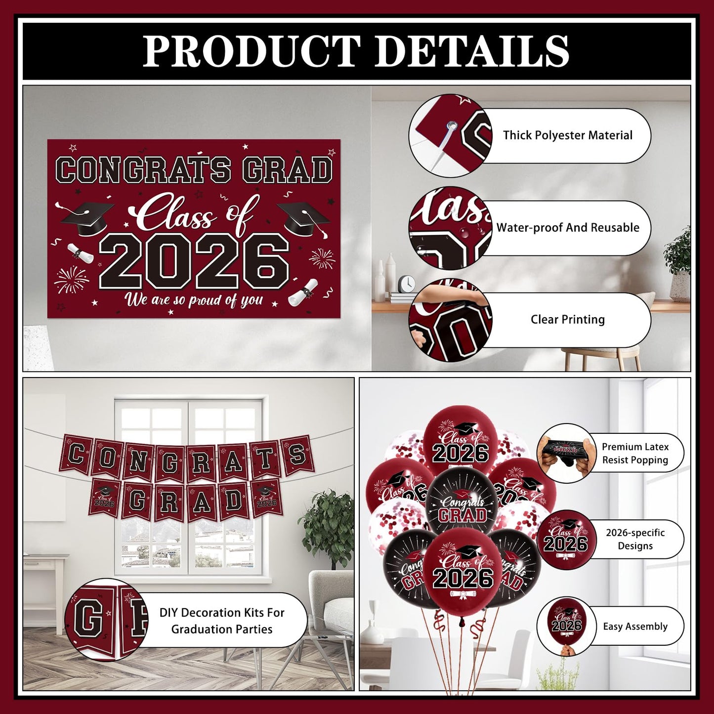 Graduation Decorations 2026 Maroon Party Decor Set with Congrats Grad Banner, Class of 2026 Backdrop, Balloons, Box & Streamers Supplies for High School & College Celebrations