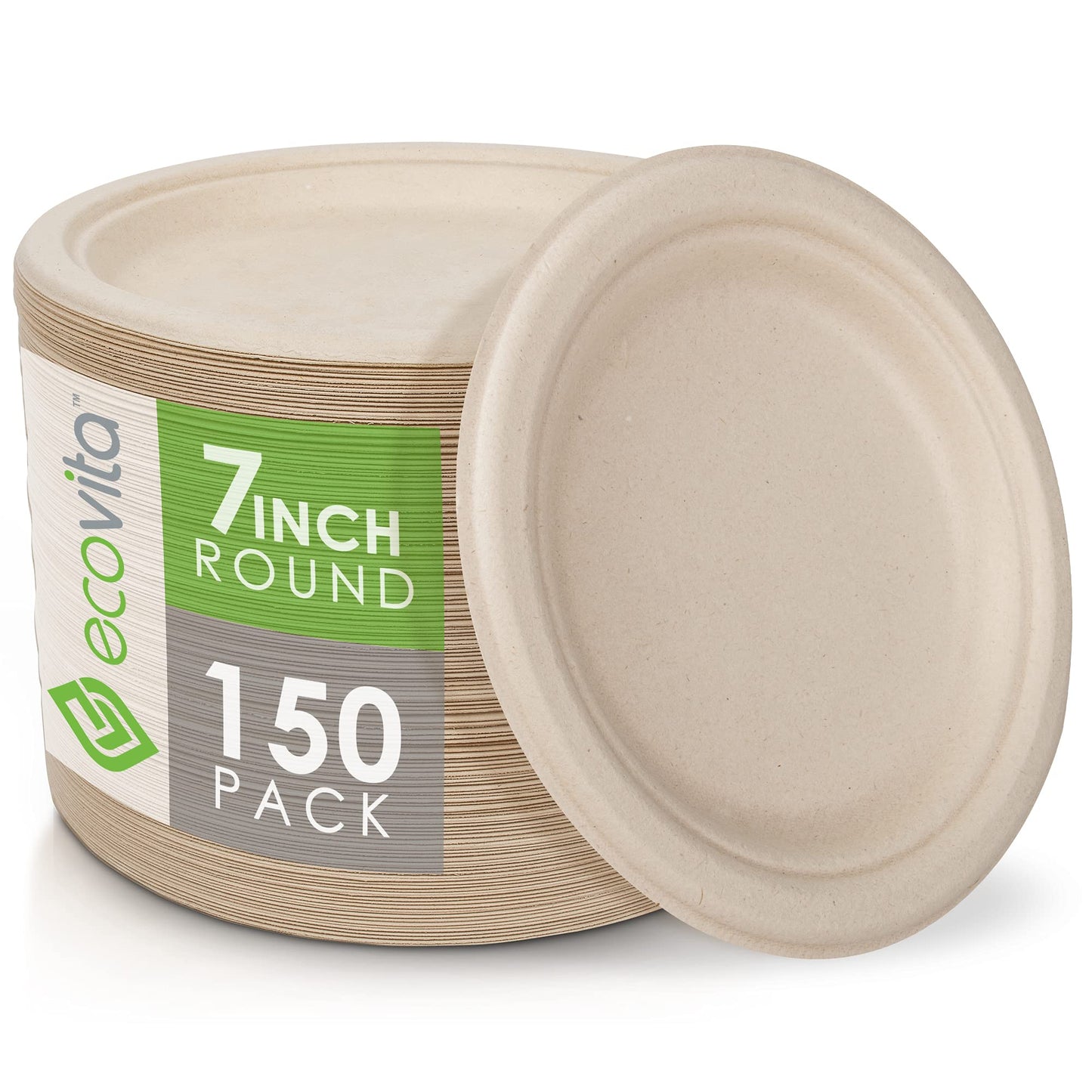 Ecovita 100% Compostable Paper Plates [7 in.] – 150 Disposable Plates Eco Friendly Sturdy Tree Free Liquid and Heat Resistant Alternative to Plastic or Paper Plates