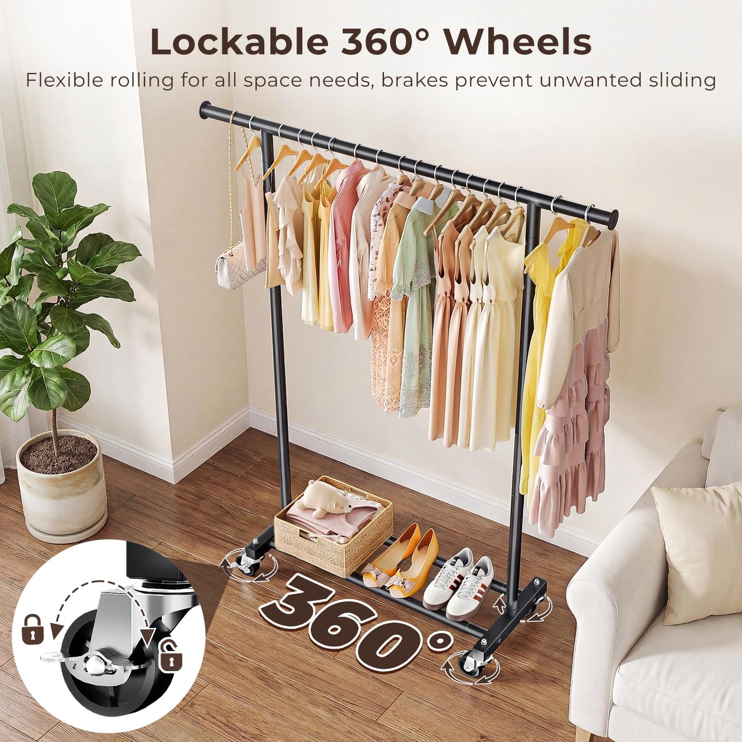 JIEJIERUI Clothing Rack for Hanging Clothes, 45" Wide Rolling Clothes Rack, Metal Garment Hanger Rack with Wheels, Portable Coat Rack Wardrobe Rack for Bedroom Laundry, Black