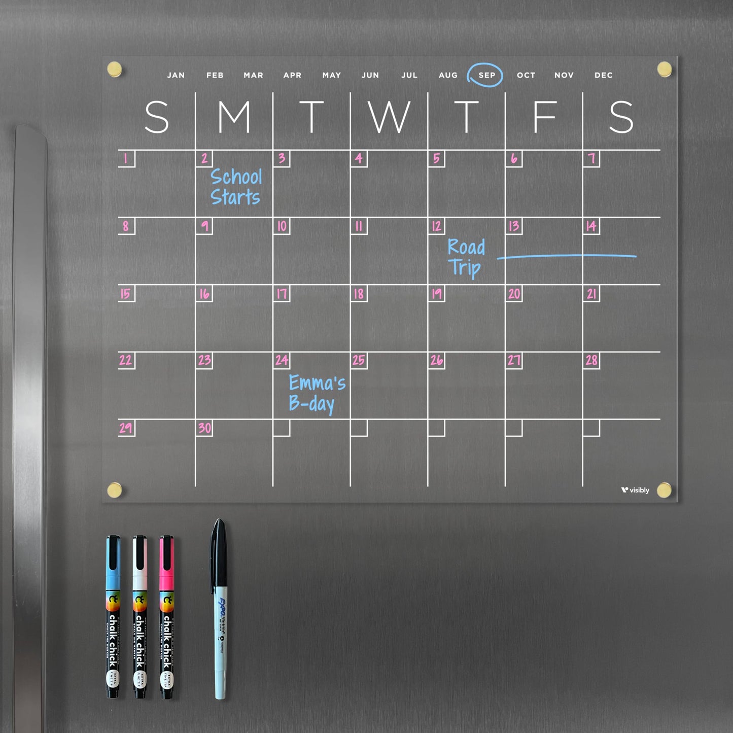 Magnetic Acrylic Calendar for Fridge, Includes 4 Magnetic Wet-Erase Markers for Refrigerator, 18" X 14”