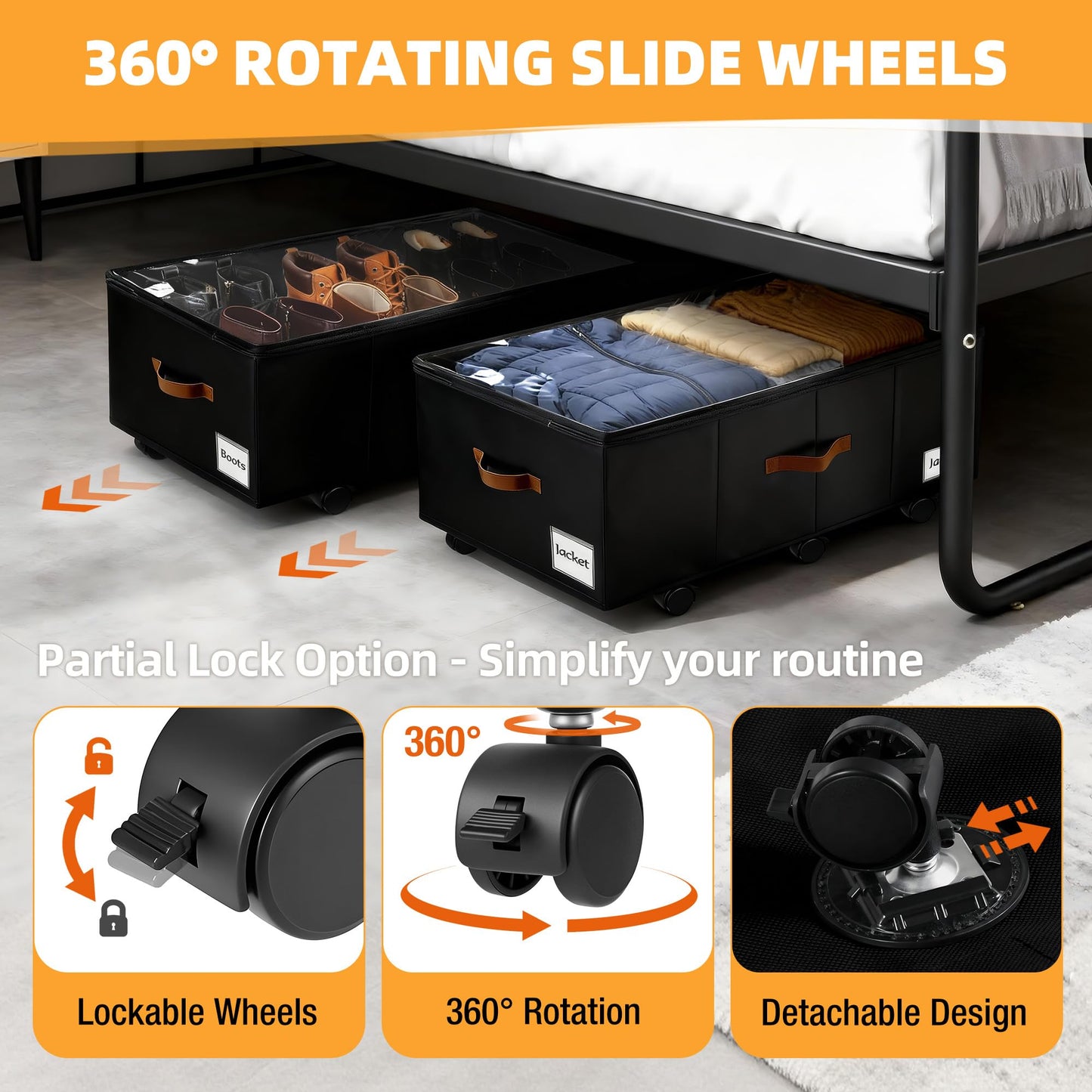 VatFott Under Bed Storage with Wheels,Underbed Storage with Sturdy Sidewalls/Bottom, Clear Cover, Label and PU Handle, Rolling Under Bed Drawers for Clothes, Shoes, 11 Inch Height,Black, 2 Pack