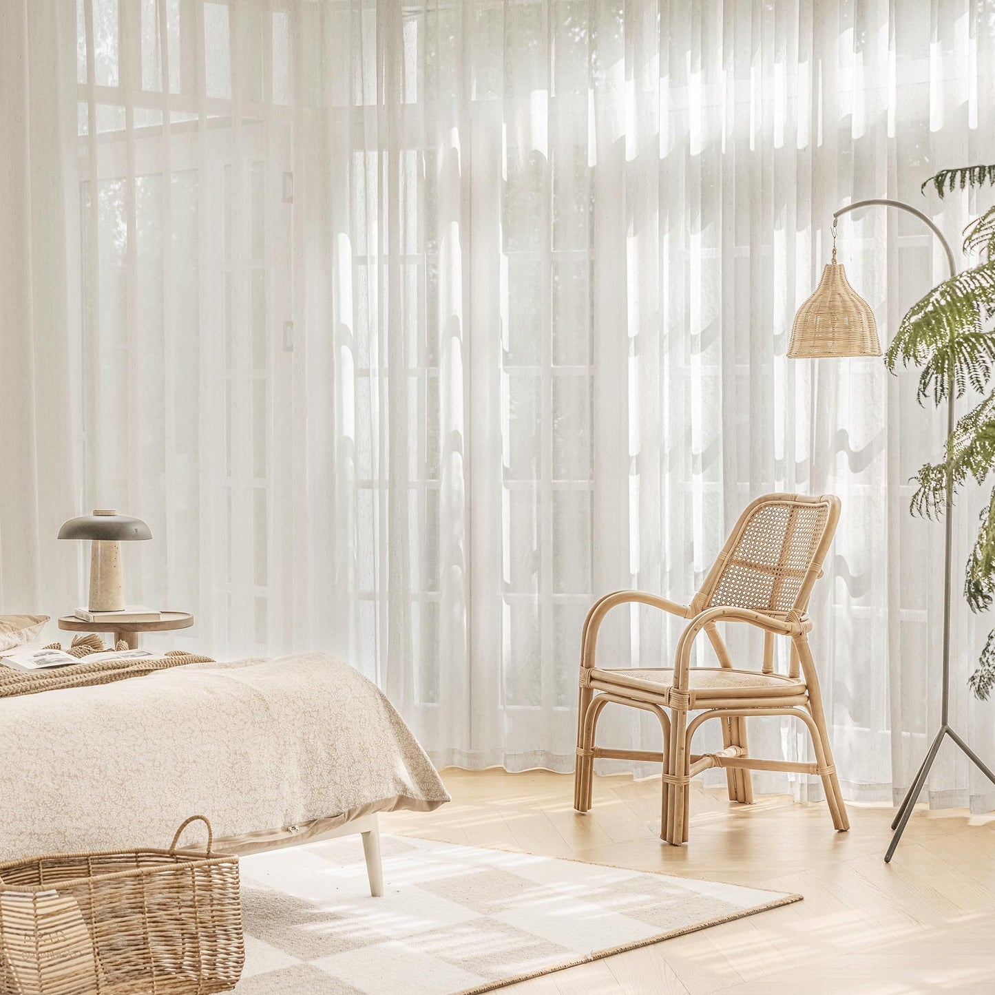 FMFUNCTEX Linen Sheer Pinch Pleated Curtains for Living Room, Linen Flax Beige 96 Inches Long Sheer Curtain Panels for Bedroom, Natural Back Tab Window Drapes for Farmhouse, Rod Pocket 2 Panels