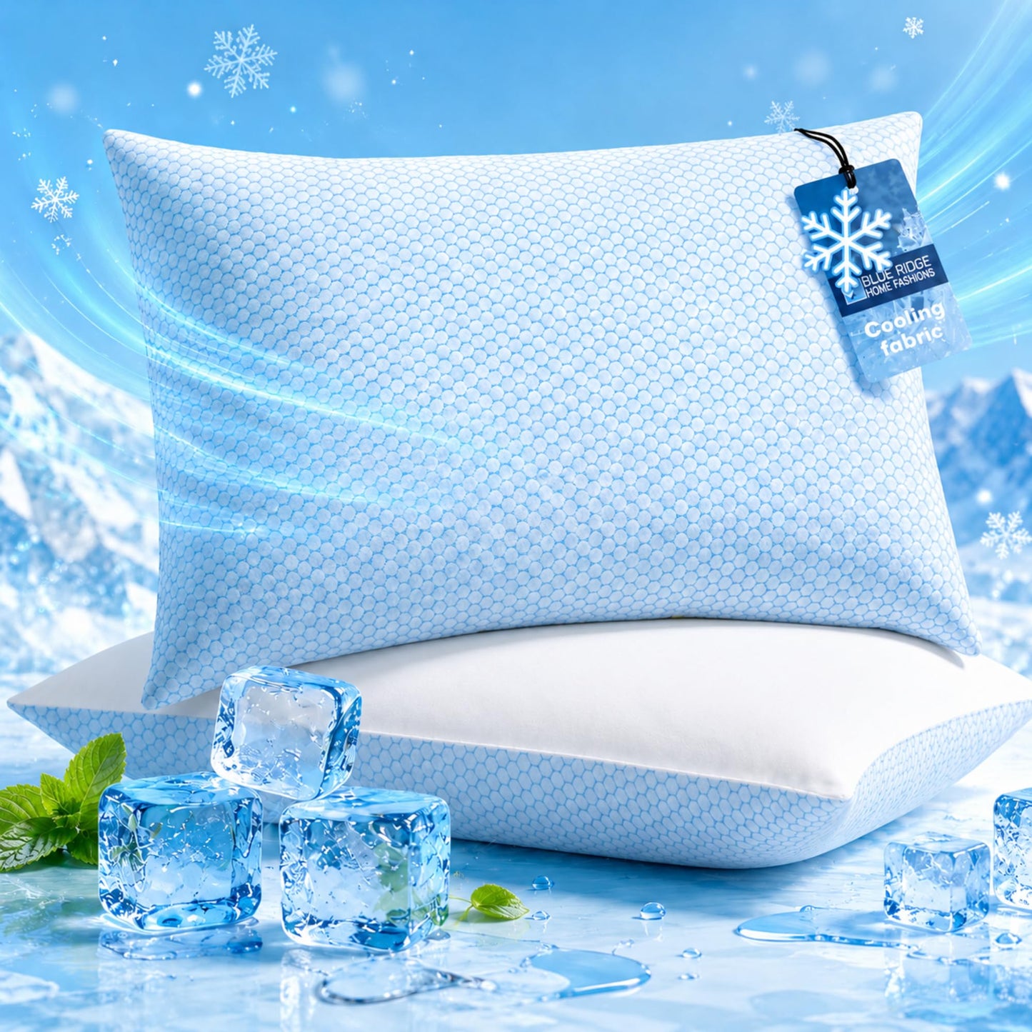 Blue Ridge Home Fashions Cooling Pillows Queen Size Set of 2, Dual-Sided Cooling & Breathable Cotton Design, Down Alternative Pillows for Hot Sleepers, Soft Support for Side, Back & Stomach Sleeping