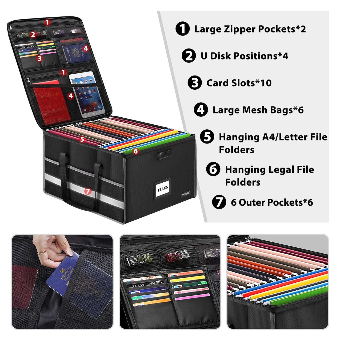 ENGPOW Fireproof Document Box with Lock, File Storage Organizer Box with Inserts ＆Mesh Pockets, Collapsible Portable Large Filing Cabinet Safe for Hanging Both Letter and Legal Folders(19"x16"x11")