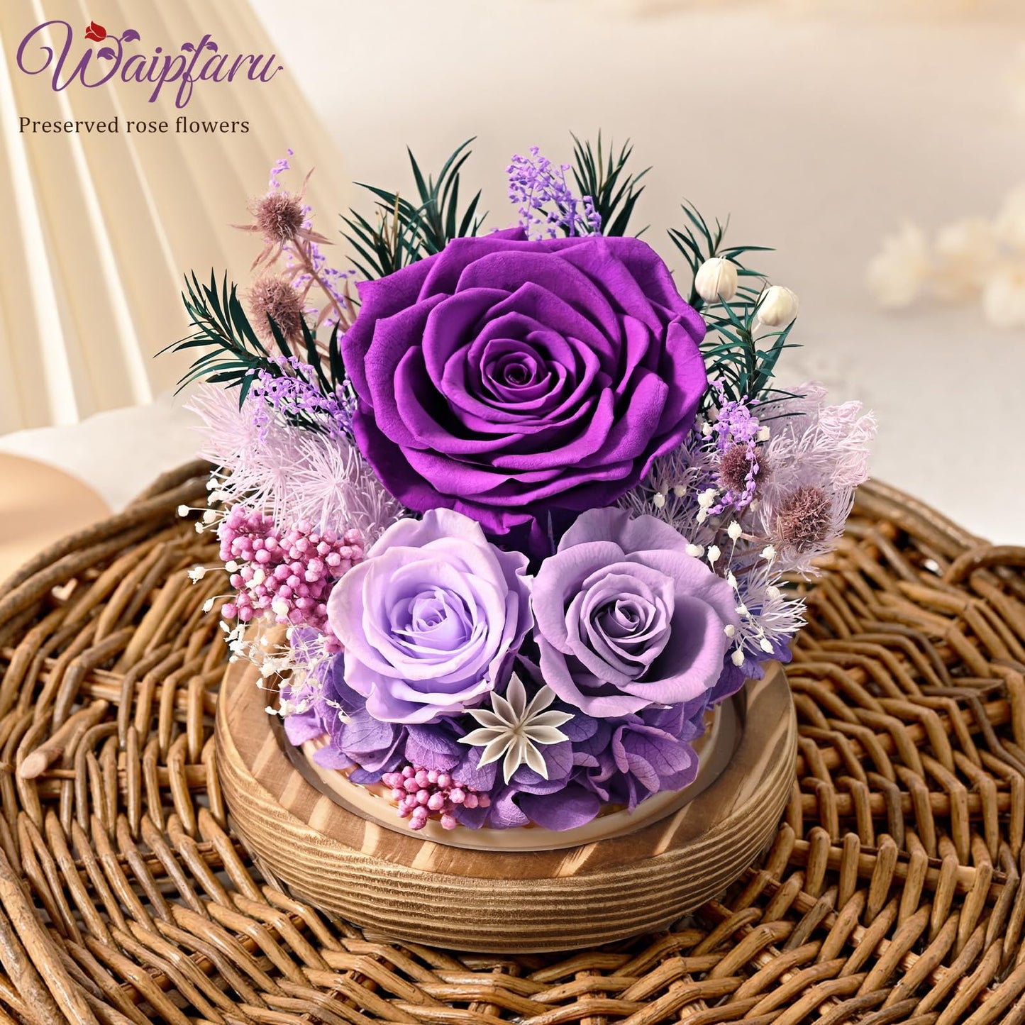 Waipfaru Flowers for Delivery Prime, Forever Fresh Preserved Flowers in Glass Dome, Eternal Purple Rose for Mother Birthday Gifts, Best for Women Girlfriend
